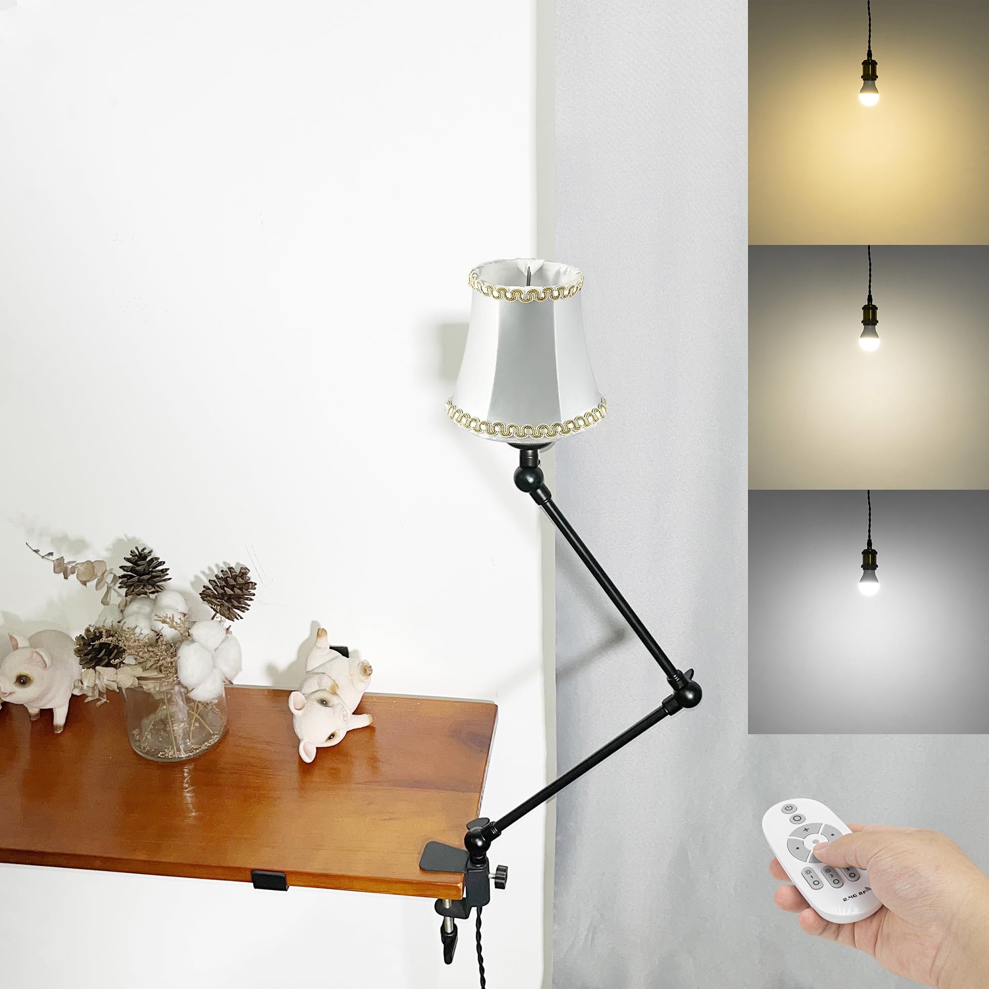 Klemmleuchte mit Fernsteuerung,1 Packung Leselampe mit 2,5 m Kabel, Dimmbar Nachttischlampe,Augenpflege Schreibtischlampe für Büro Heimgebrauch, E27 Lampenhalterung - DZ0332/15