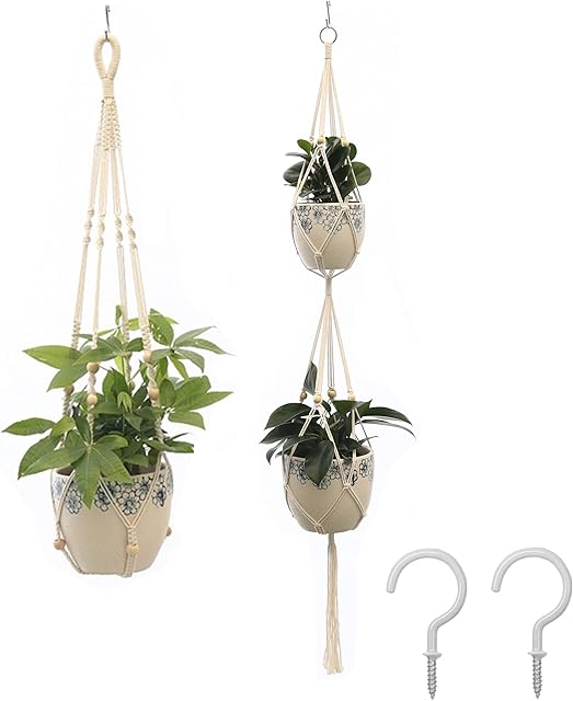 Sricam Hanging Planter, 2 Pack Macrame Plant Hangers, Rope Flower Pot Hanger for Indoor and Outdoor Patio Deck Ceiling Plant Holder With 2 Pcs Cup Hooks (A)