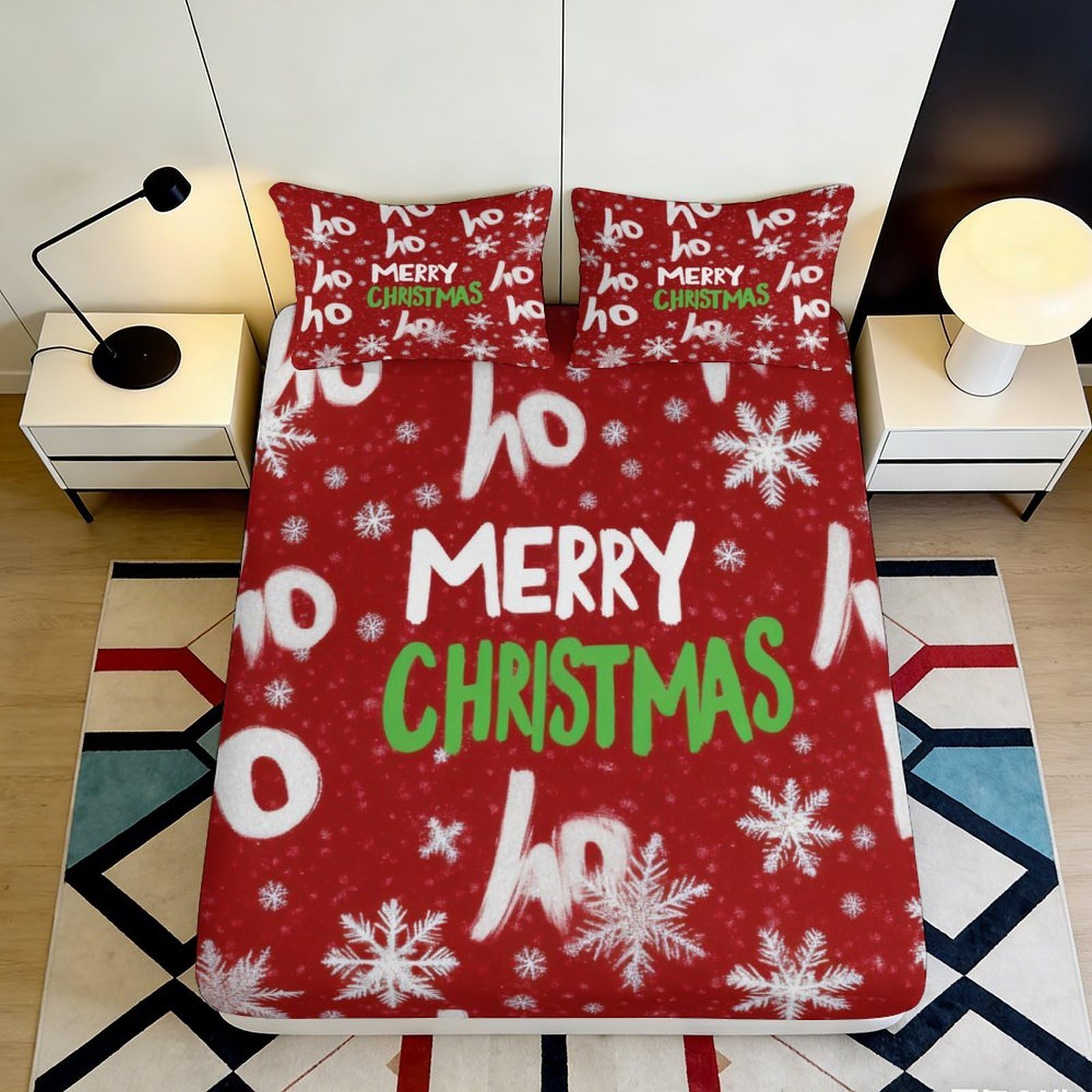 3D Printed Ho Ho Snowflake Fitted Sheet Microfiber Red Merry Christmas Mattress Cover Non-Slip Easy Care for Bedroom Guest Room 200x200x25cm