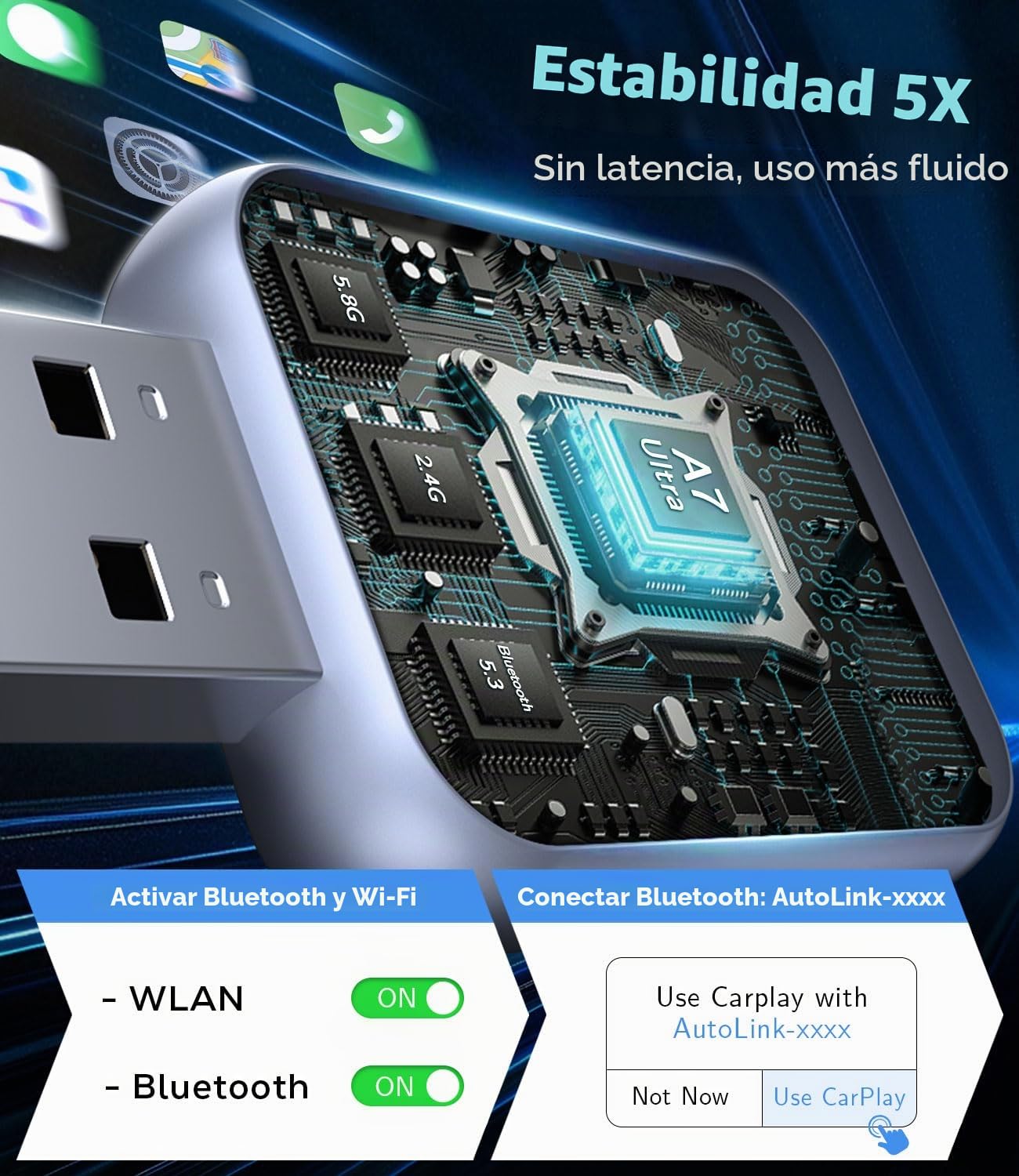 Adaptador CarPlay Inalámbrico para iPhone, Vehículos con CarPlay Integrado | Convertidor Que Transforma El CarPlay Cableado Original en Inalámbrico, Conexión Bluetooth, Conectores USB-A y USB-C