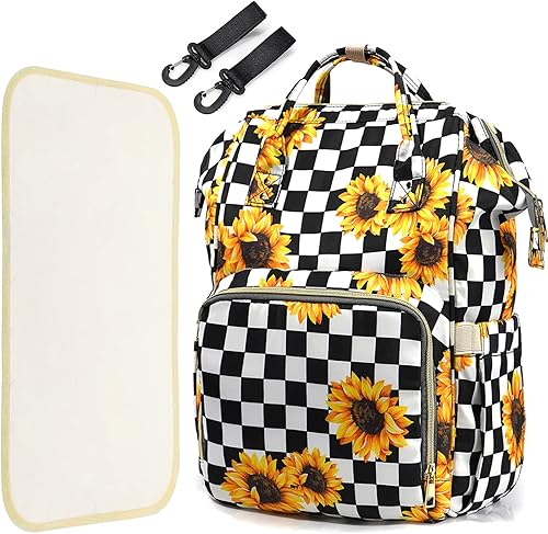 LIMHOO Mochila de pañales 3 en 1, bolsas de bebé multifunción con cambiador y correas para cochecito, bolsa de pañales para mamá, Girasol a cuadros,