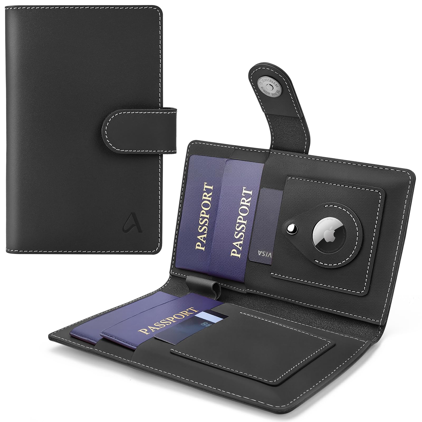 allive Passport Holder for Travel Family, Genuine Leather Passport Wallet with AirTag Slot, RFID Blocking Travel Document Organizer for Women & Men, Airport Essentials, Family Travel Gift, Black-picture-44