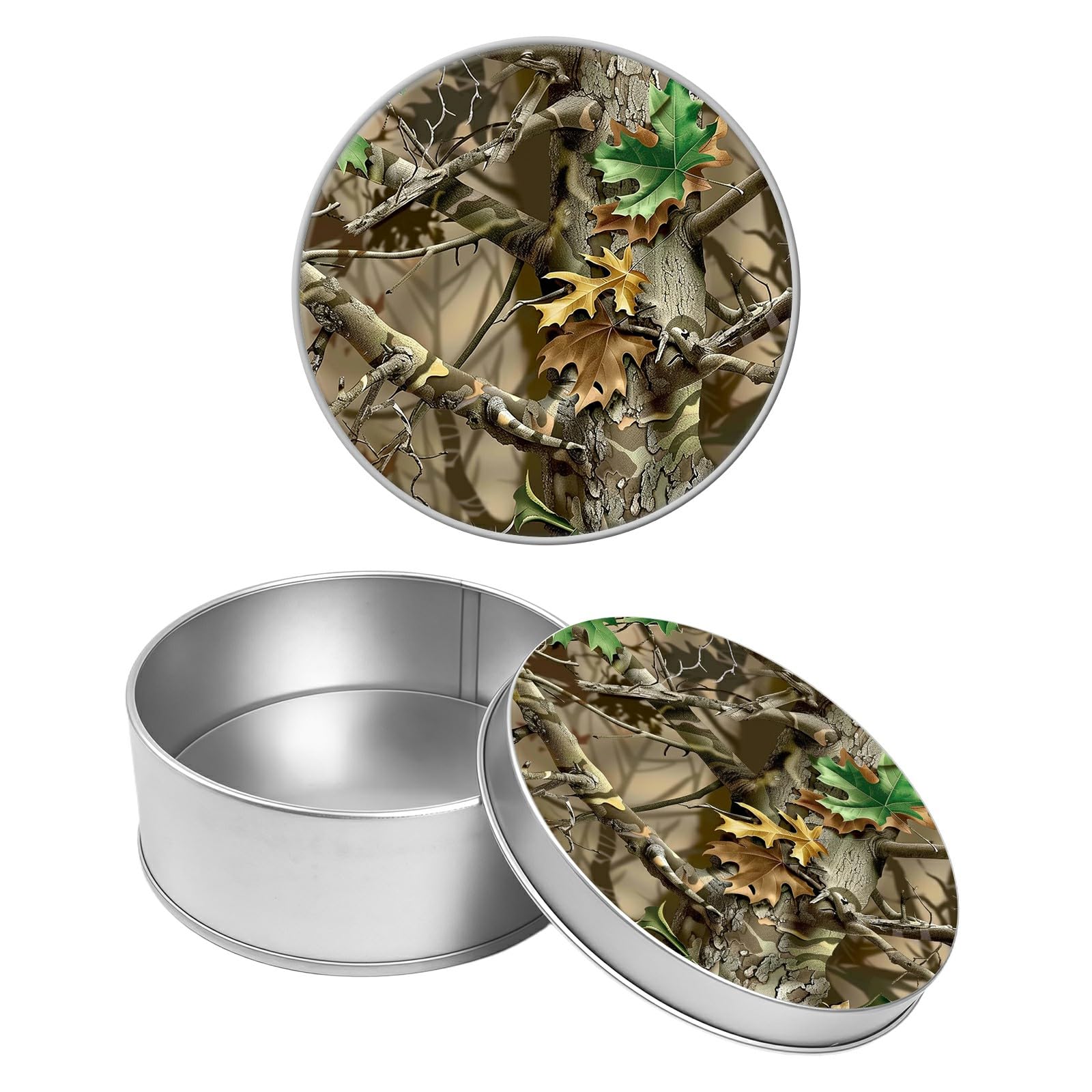 Round Metal Tin Container with Removable Lid, Camo Leaf Durable Metal Storage Box for Crafts Snacks Candies Office Supplies Small Items 3.54 x 1.38 inch– Single Pack