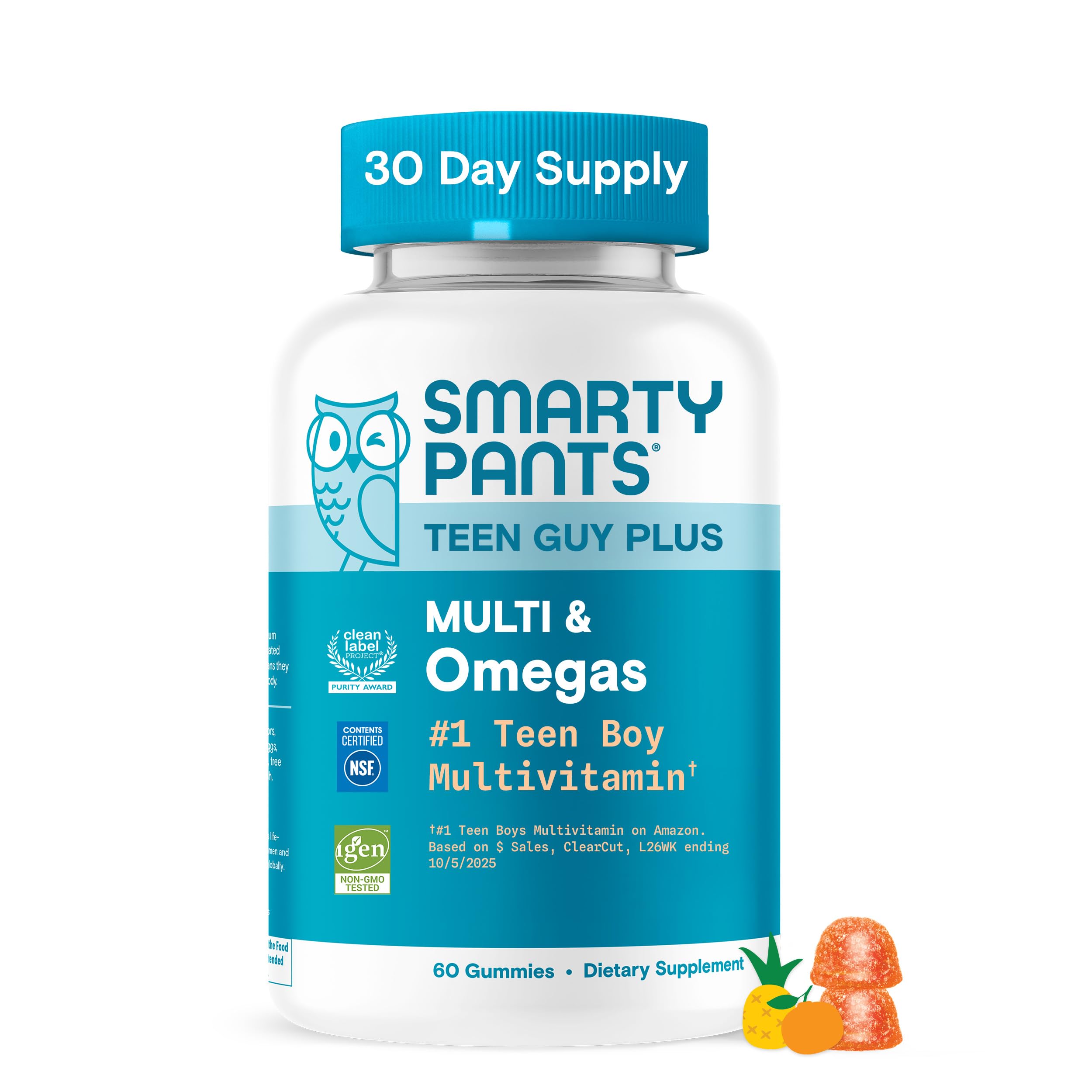 SmartyPants Teen Guy Multivitamin Gummies - Improved Formula: Omega 3 (DHA/EPA), Vitamin D3, C, Vitamin B12, B6, A, K & Zinc, Folate, Gluten Free, Fruit Flavor, 60 Count (30 Day Supply)