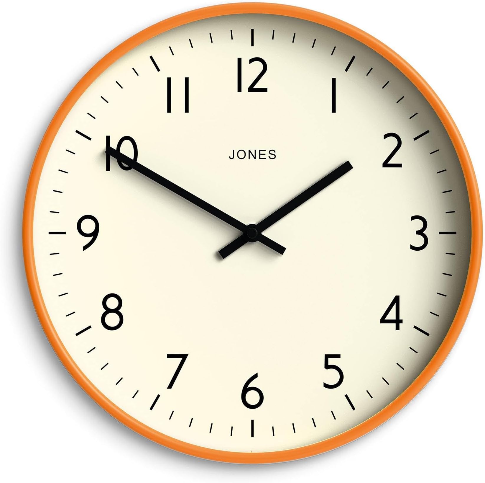 JONES CLOCKS® Studio Round Wall Clock - Round Clock - Modern Clock - Designer Clock - Kitchen Clock - Living Room Clock - Office Clock - Easy to Read Dial - Contemporary Design (Orange)