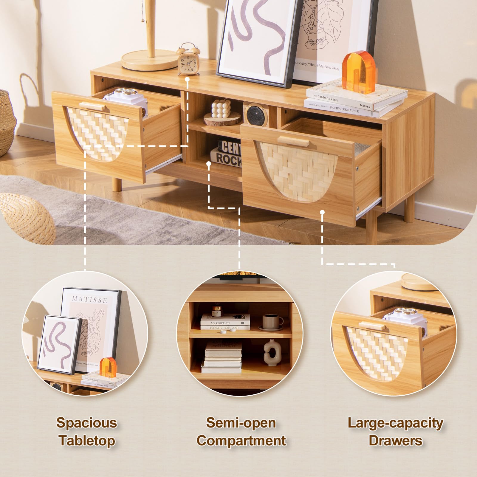 KOMFOTTEU Meuble TV Avec Prise De Courant, Table TV Pour Téléviseur Jusqu'à 65", Banc TV Avec 4 Compartiments De Rangement Ouverts, Pour Salon, Chambre, 140 X 40 X 49,5 Cm (Blanc