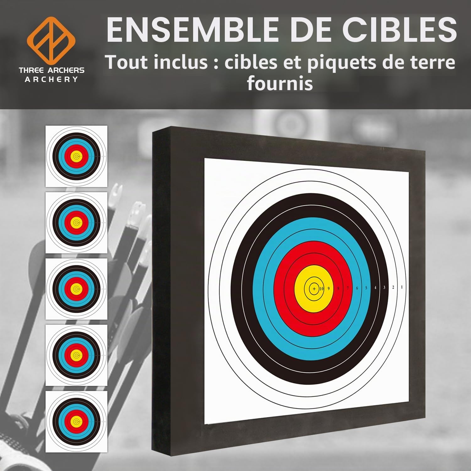 THREE ARCHERS Cible de tir à l'arc 50x50cm Ensemble de cibles Haute densité en mousse légère et durable avec 5 supports et 4 clous de fixation pour le tir à l'arc