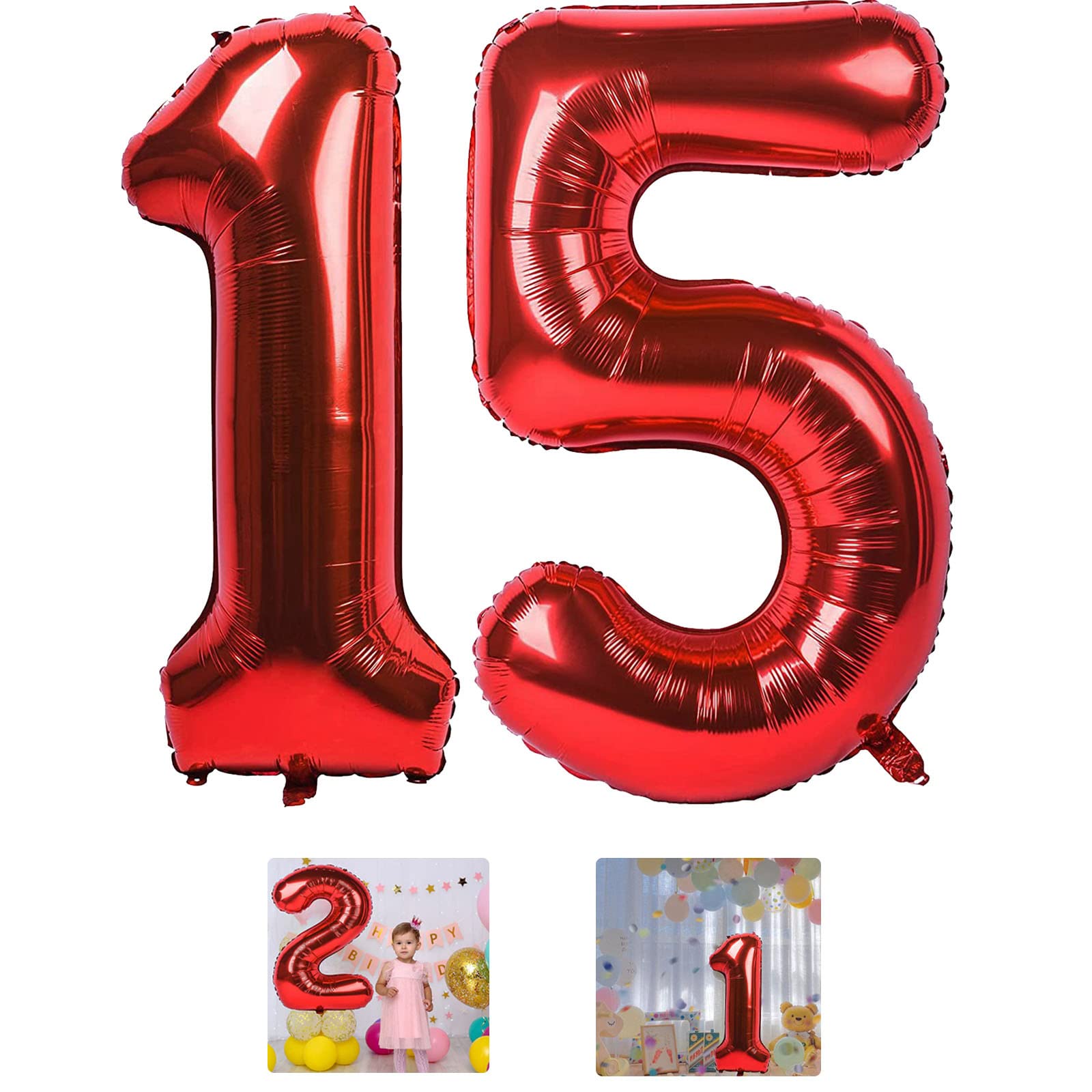 15 Number Balloon Red 40 inch Big Foil Mylar 15th Balloons for 15 Year Old Boy Girl Birthday Party Decorations Wedding Anniversary Events Supplies