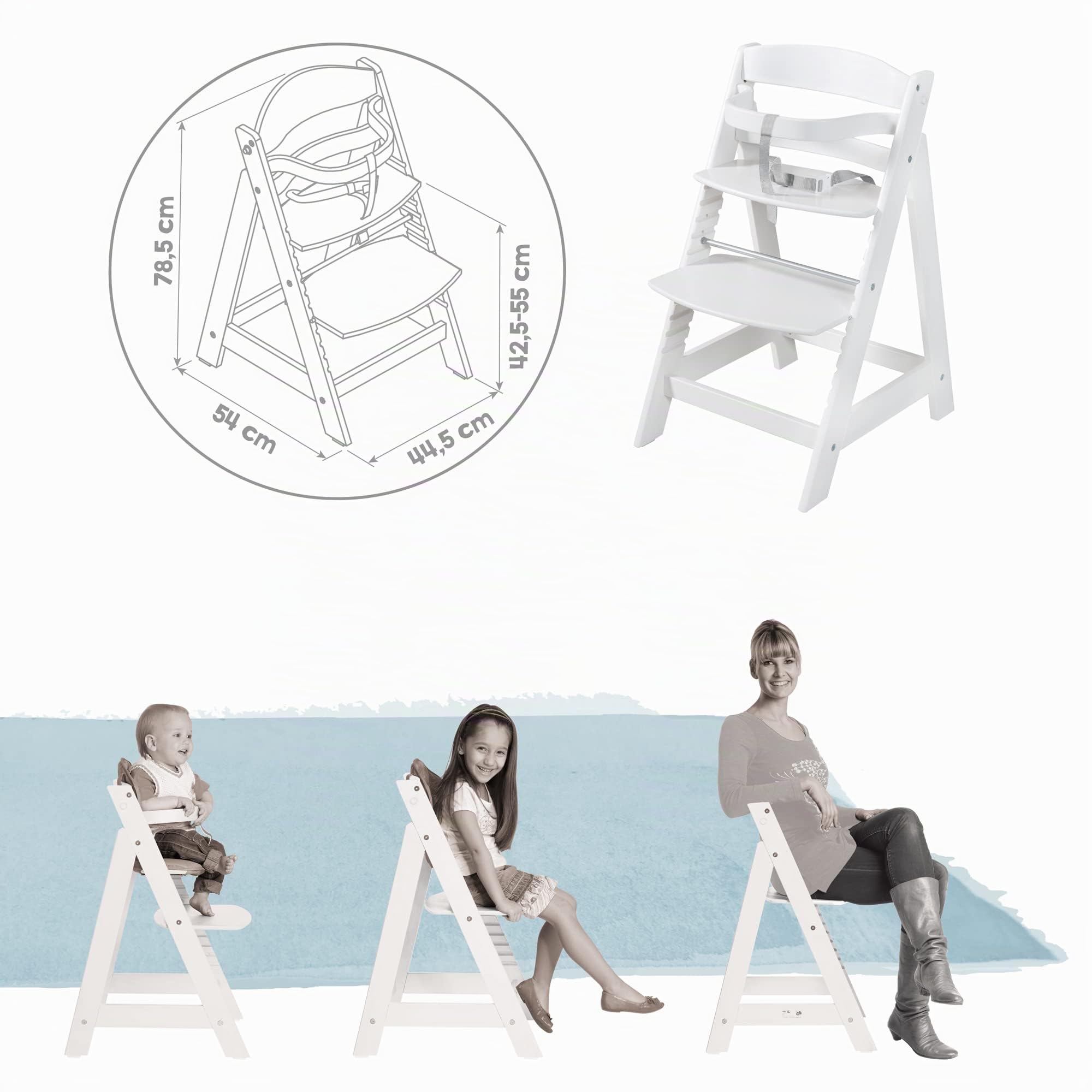 roba Seggiolone Evolutivo Born Up 2in1, Sdraietta roba Style Verde Ghiaccio Reclinabile, Fodera Impermeabile, Altezza Regolabile, Robusto e Resistente, Ergonomico, fino ai 70 kg, Legno Laccato Bianco