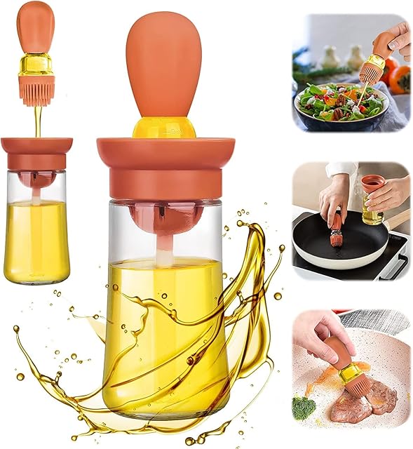 Oil Dispenser Bottle, Glass Olive Oil and Vinegar Bottle with Brush Condiment Bottles 2 In 1 for Kitchen Baking BBQ Grill Turkey Basting Pastry (Pink)