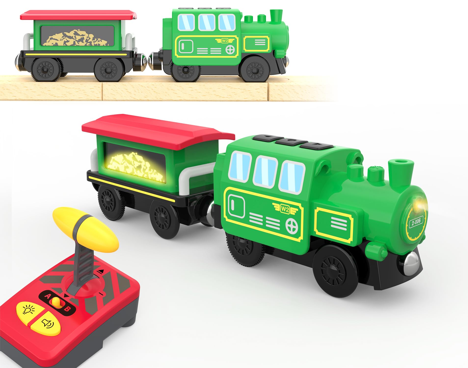 Motorized Train for Wooden Tracks, Remote Control Locomotive Train Set for Toddlers, Electric Train Toy Compatible with Thomas, Brio Railway Track