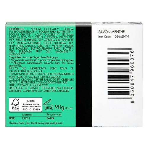 Miniatura 6 de ÉCRIN DE FLEUR - Barra de jabón de menta orgánica, jabón todo en uno simple para hombre, hecho a mano en Francia con aceite de menta verde, aceite