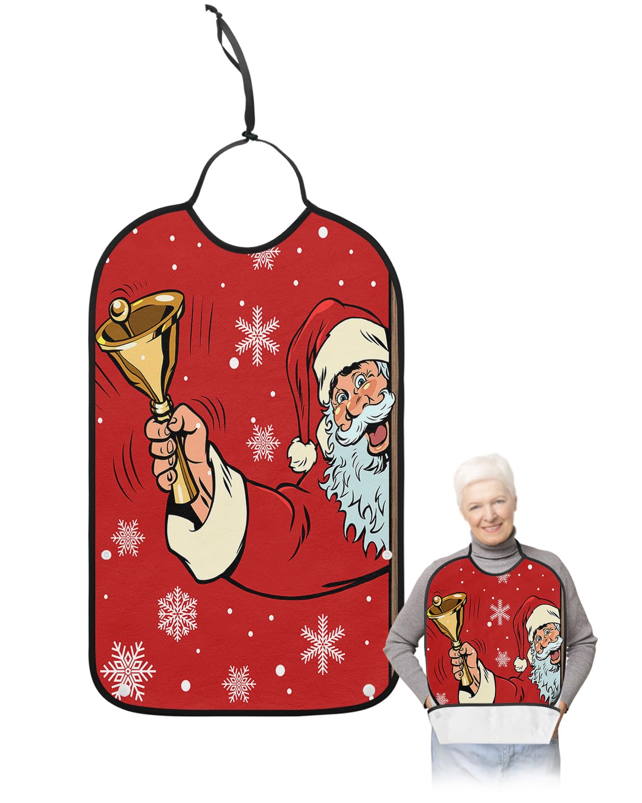 LEOKOTI Red Santa Christmas Adult Bibs for Eating, Waterproof Bibs with Food Catcher & Adjustable Snap Closure, Winter Snowflake Xmas Bells Washable Clothing Protectors Adult Bibs for Elderly