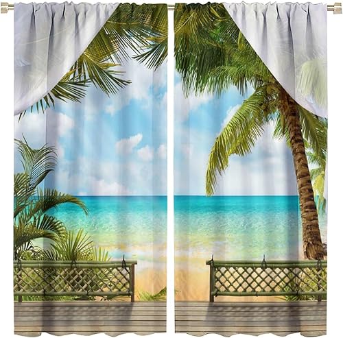 Miniatura 1 de Cortinas de playa tropical, verano con palmeras tropicales, paisaje marino y paisaje marino para dormitorio, sala de estar, cocina, juego de 2