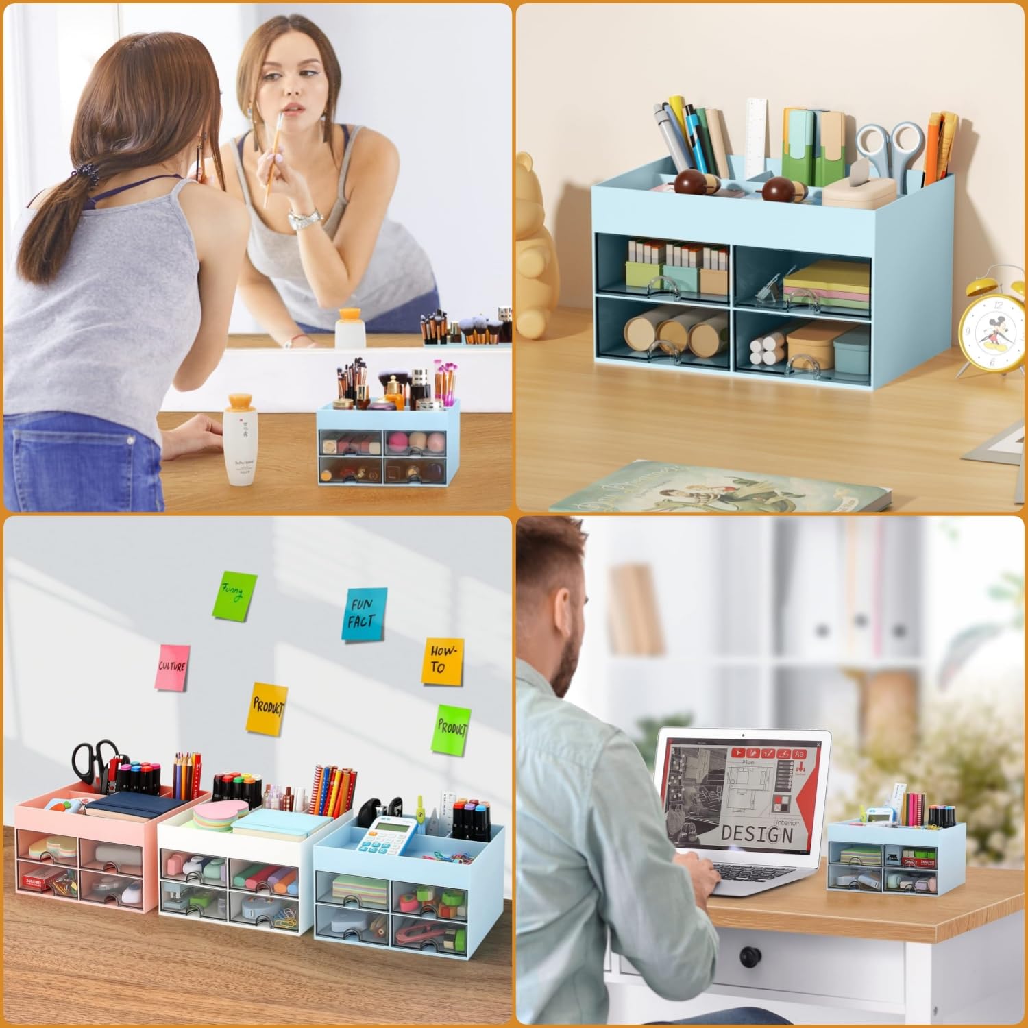 KAHEIGN Organizzatore da Scrivania con 4 Cassetti, 19CM x 14CM Organizer da Scrivania Multifunzionale Portapenne di Grande Capacità Organizzatore di Trucchi per Ufficio Scuola Casa Tavolo (Blu)