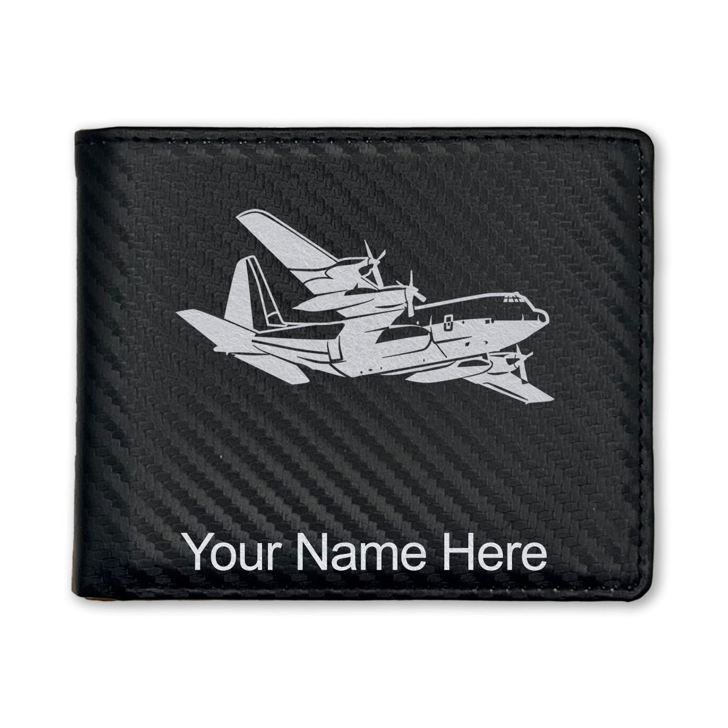 LaserGram Faux Leather Bi-Fold Wallet, Cargo Airplane, Personalized Engraving Included (Carbon Fiber Black with Silver)