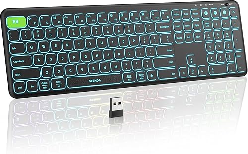 Miniatura 1 de seenda Teclado Bluetooth retroiluminado (USB + Dual BT), teclado recargable multidispositivo, retroiluminación inalámbrica Bluetooth, compatible con