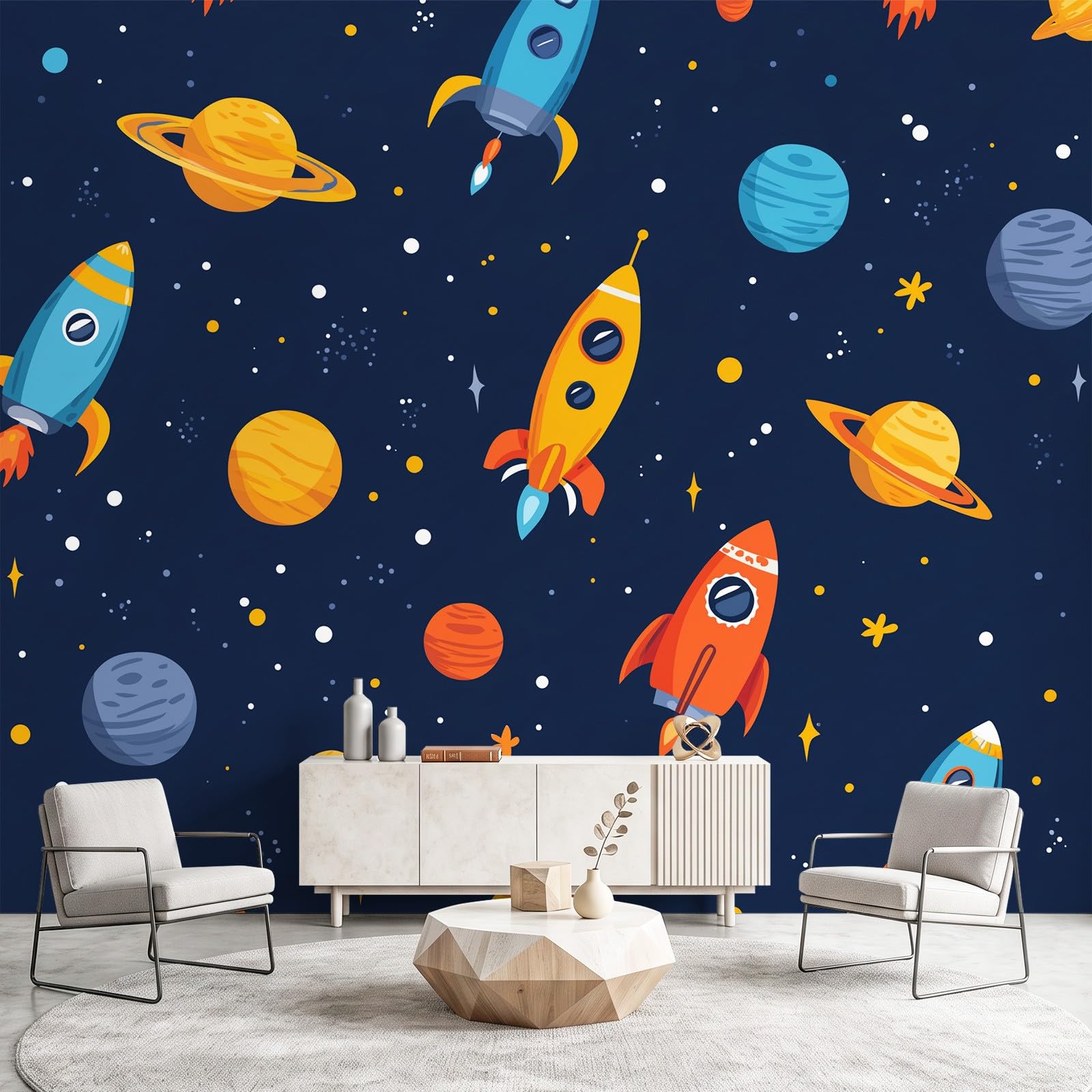 Générique Tapeta z kreskówek przestrzeń zabawa panoramiczna tapeta 350 x 256 cm do salonu dekoracja pokoju dziecięcego rakieta planeta