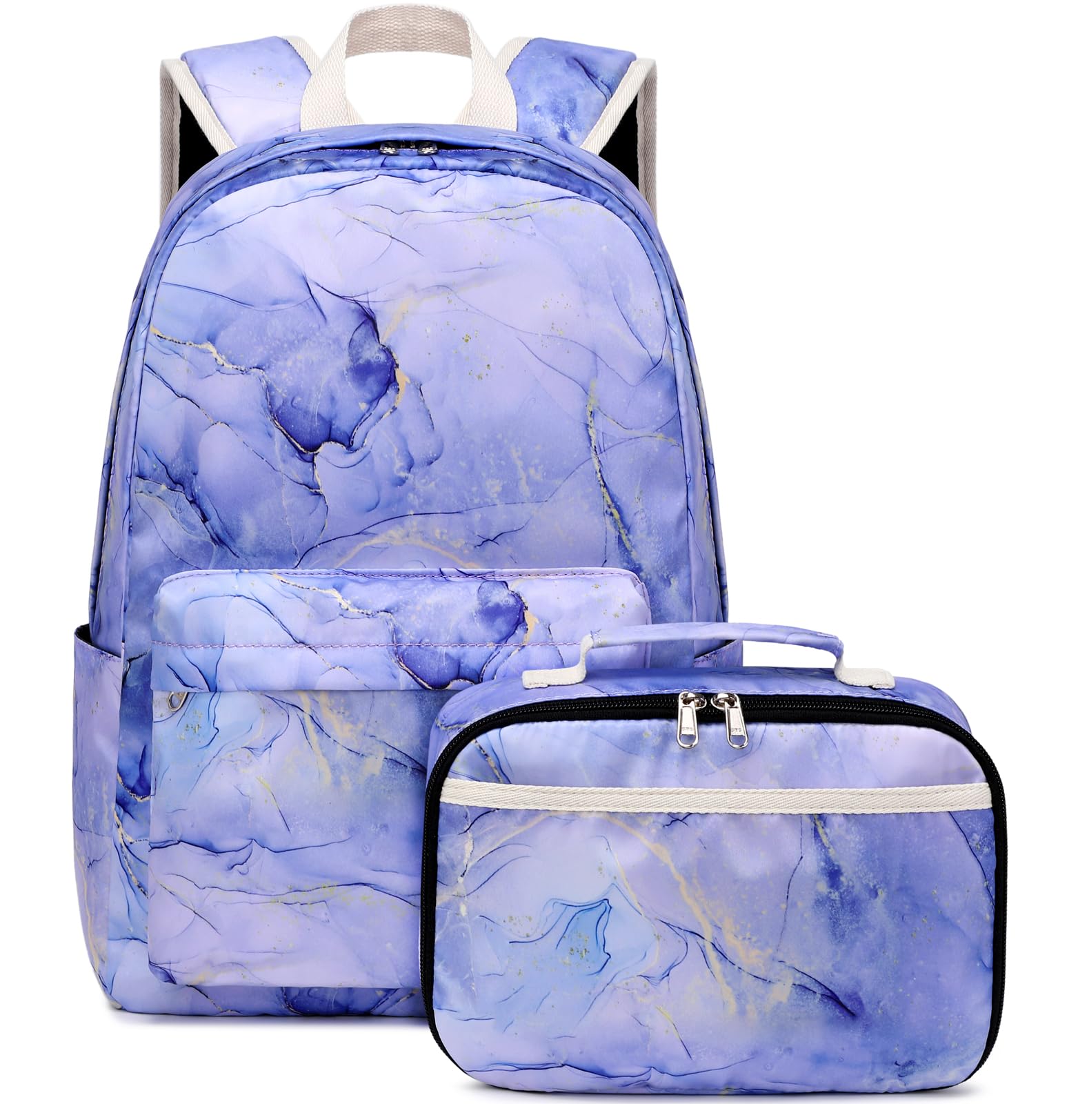 JIANYA Backpack for Teen Girls, Elementary Kids School Backpacks Marble Bookbag for Middle School Girls Backpack with Lunch Box, Purple