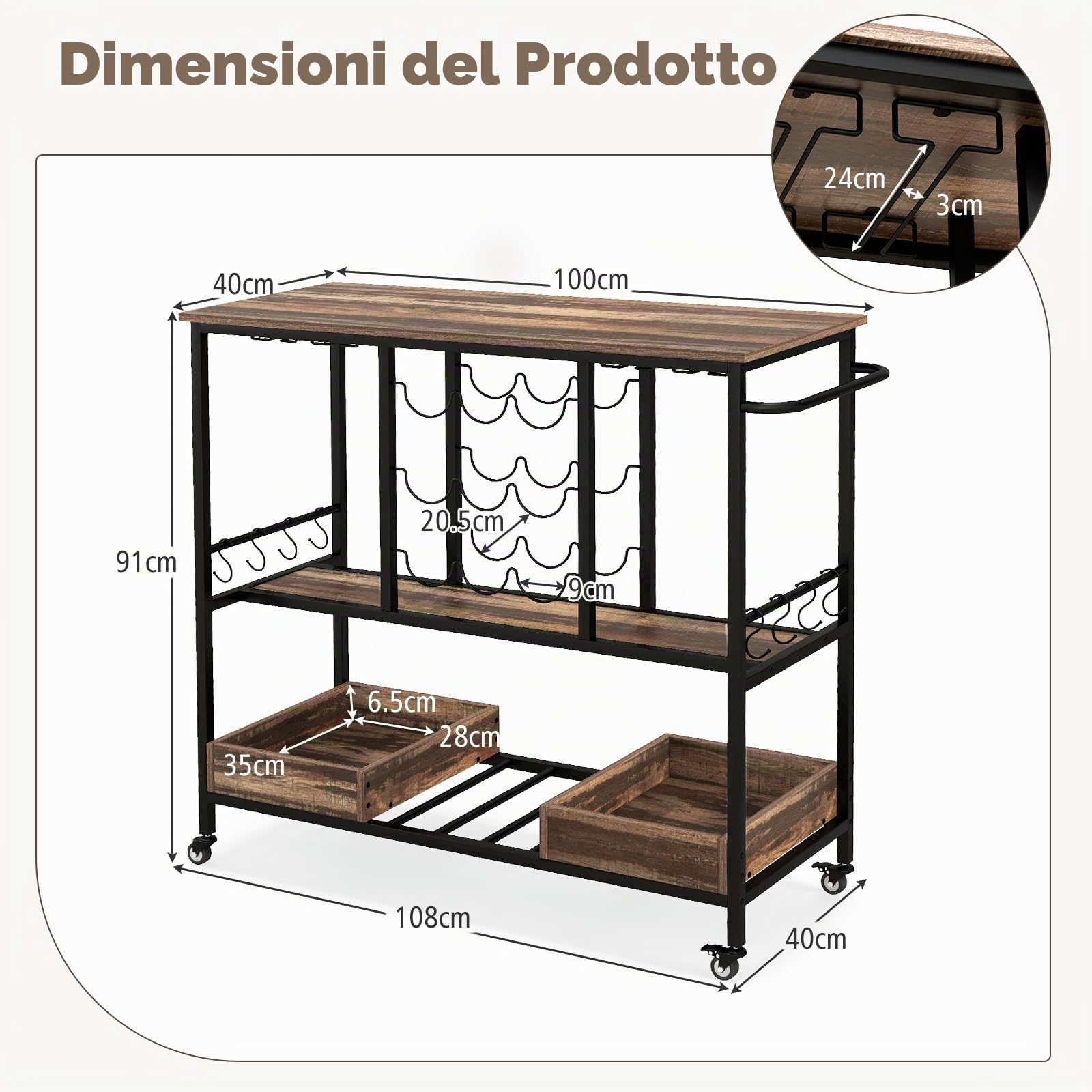 GIANTEX Carrello di Servizio Industriale a 3 Livelli, Carrello da Cucina con Portabicchieri, Porta Bottiglie, 107,5x40x91,5 cm