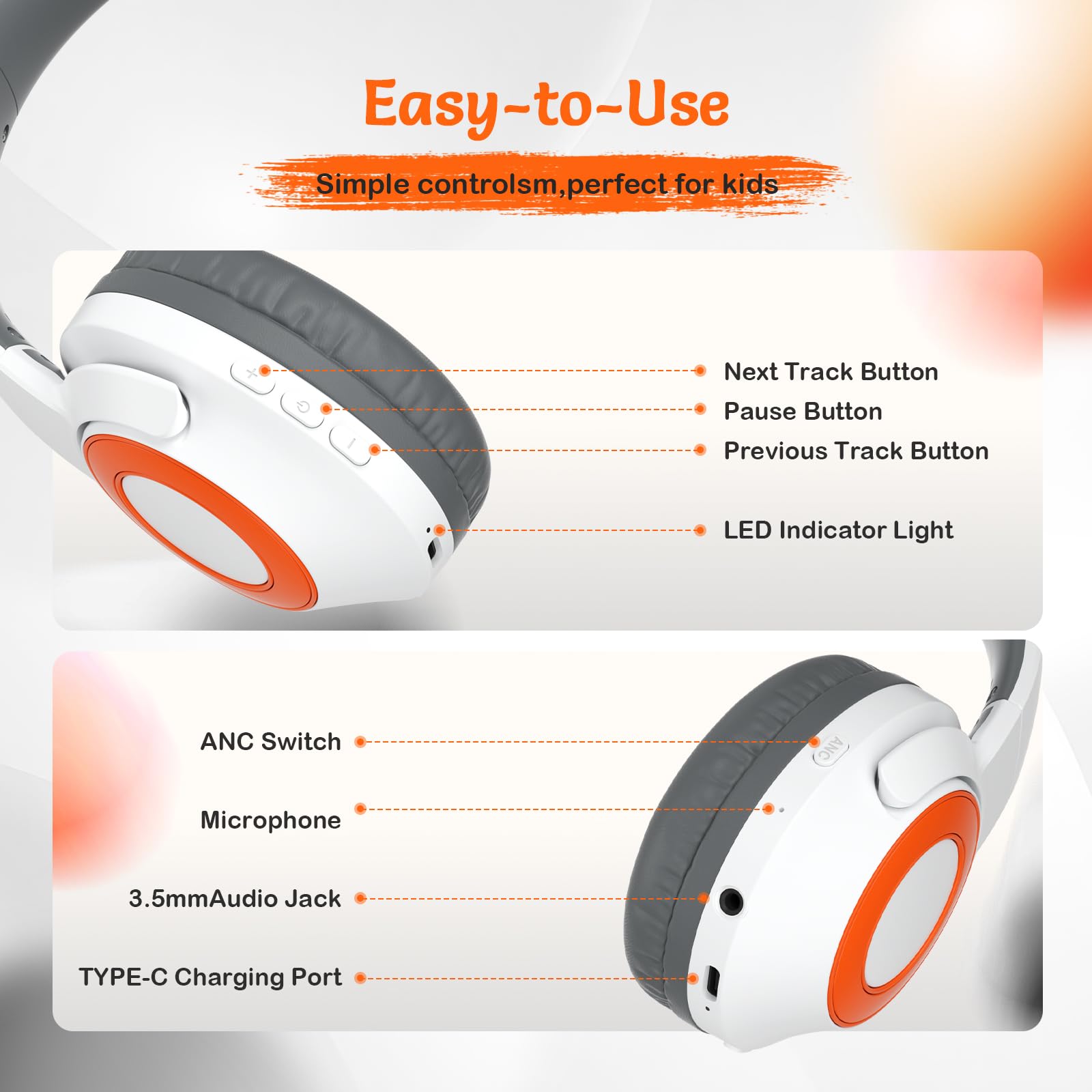 TONOSHARK Cuffie Wireless Bluetooth Bambini, Cuffie Antirumore Bambini Leggera, 60h Autonomia, Wireless Over-Ear Con Microfono, Pieghevoli, Custodia Inclusa, Per Scuola e Viaggi (Bianche)