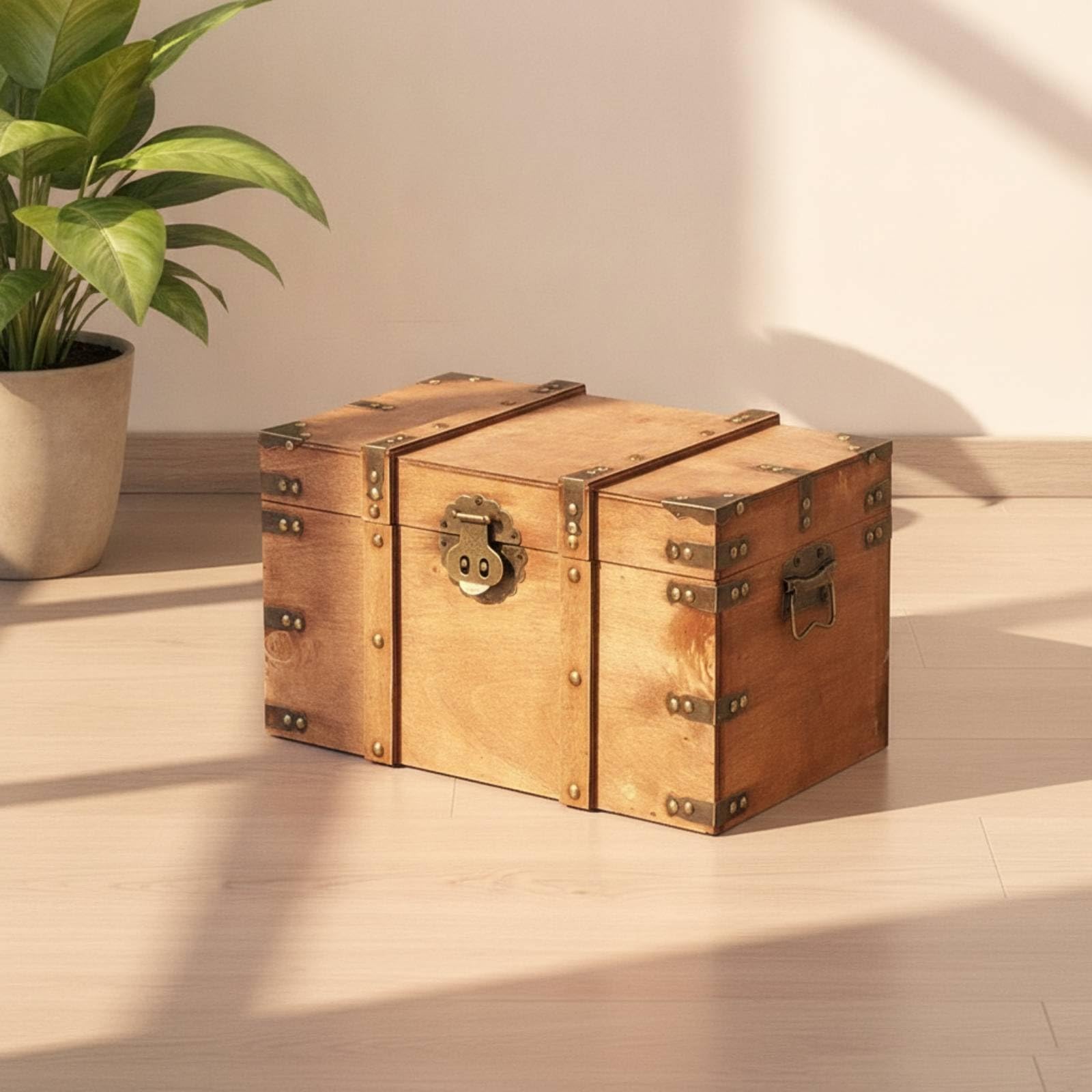 Baúl Madera con Tapa Decorativo Arcón Almacenamiento con Asas Robusto Arcón para Coleccionistas, Salón, Madera Natural, Mediano