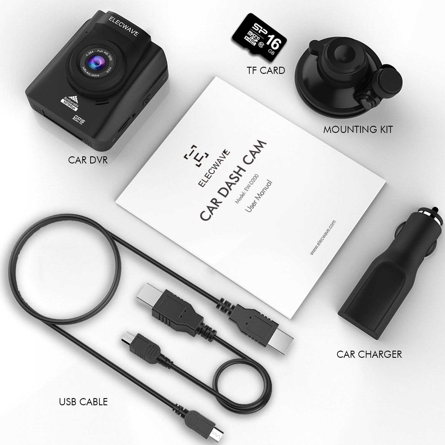 Car Dash Cam Elecwave EWD200 170° Wide Angle Full HD 1296P LCD Car DVR Camera Video Recorder