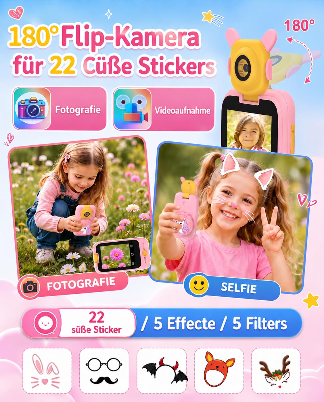 Telephone Enfant avec Microscope 100X et 32G Carte pour Filles 3-8 Ans | 100X Microscope Camera, 32G 600mAh MP3 Histoires, Ecran Tactile 2.8 Jeux ABC, Licorne Fille 3-8 Ans, Cadeau Anniversaire