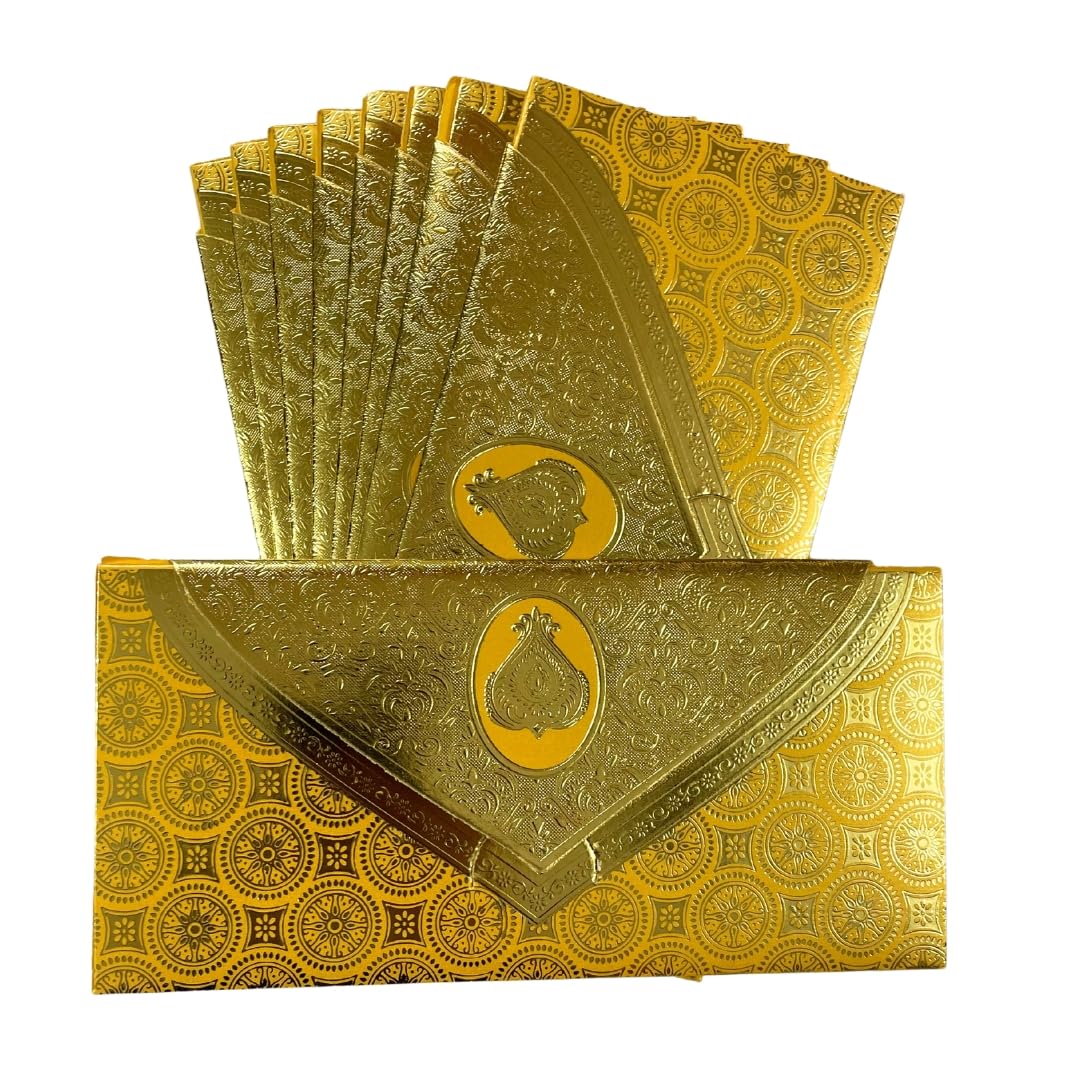 Vanya Creations Pack of 10, 3 Fold Taj Royal Design Shagun Envelopes for Gifting Cash Money Cover Metallic Finish Paper Tuck Flap Designer Fancy Sagan Lifafa Wedding, 19 X 9 cm, Creamish Orange Color
