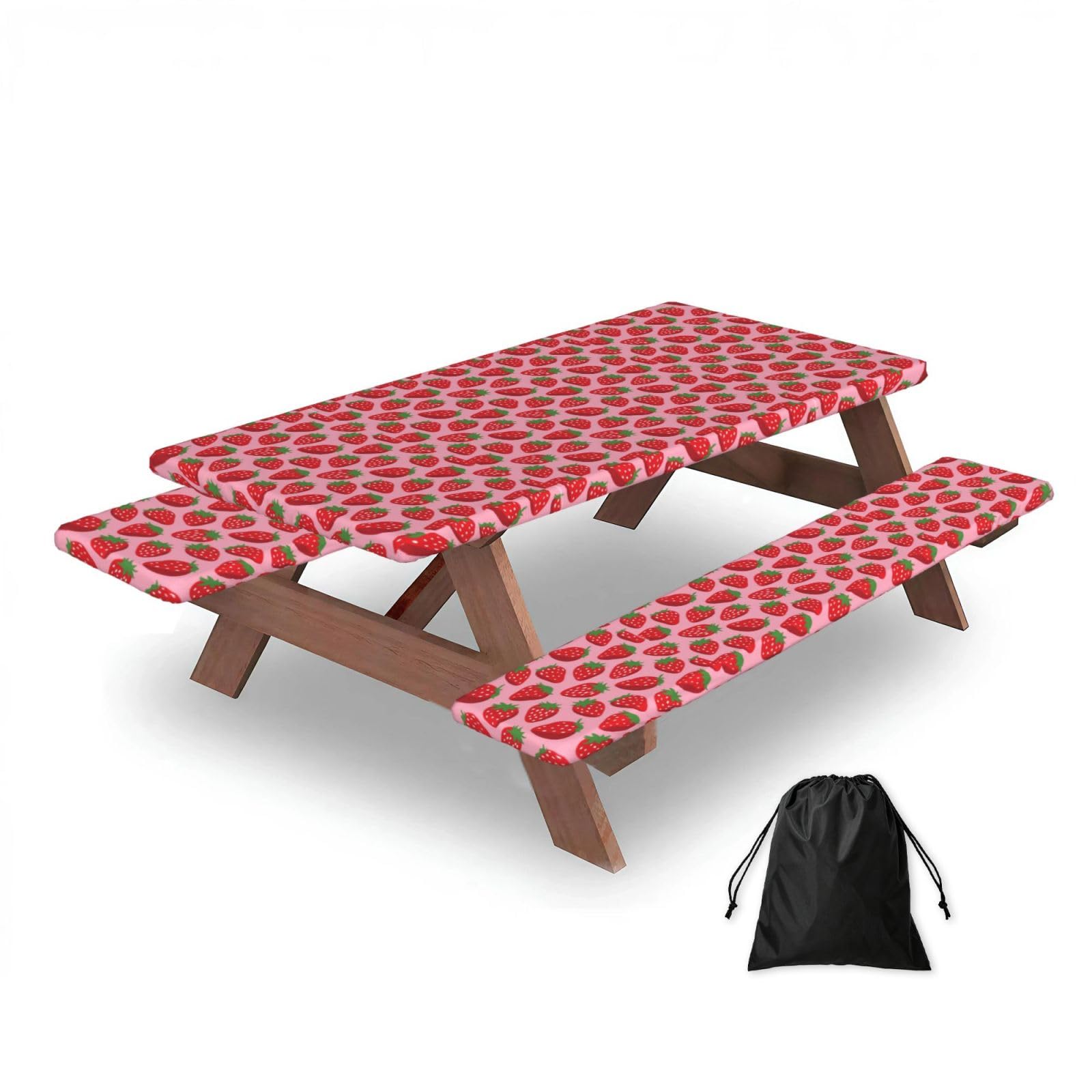 Dopklna As Picture Strawberry, Picnic Table Cover With Bench Covers -Waterproof Elastic Fitted Tablecloth For Garden Camping Patio 76X152cm