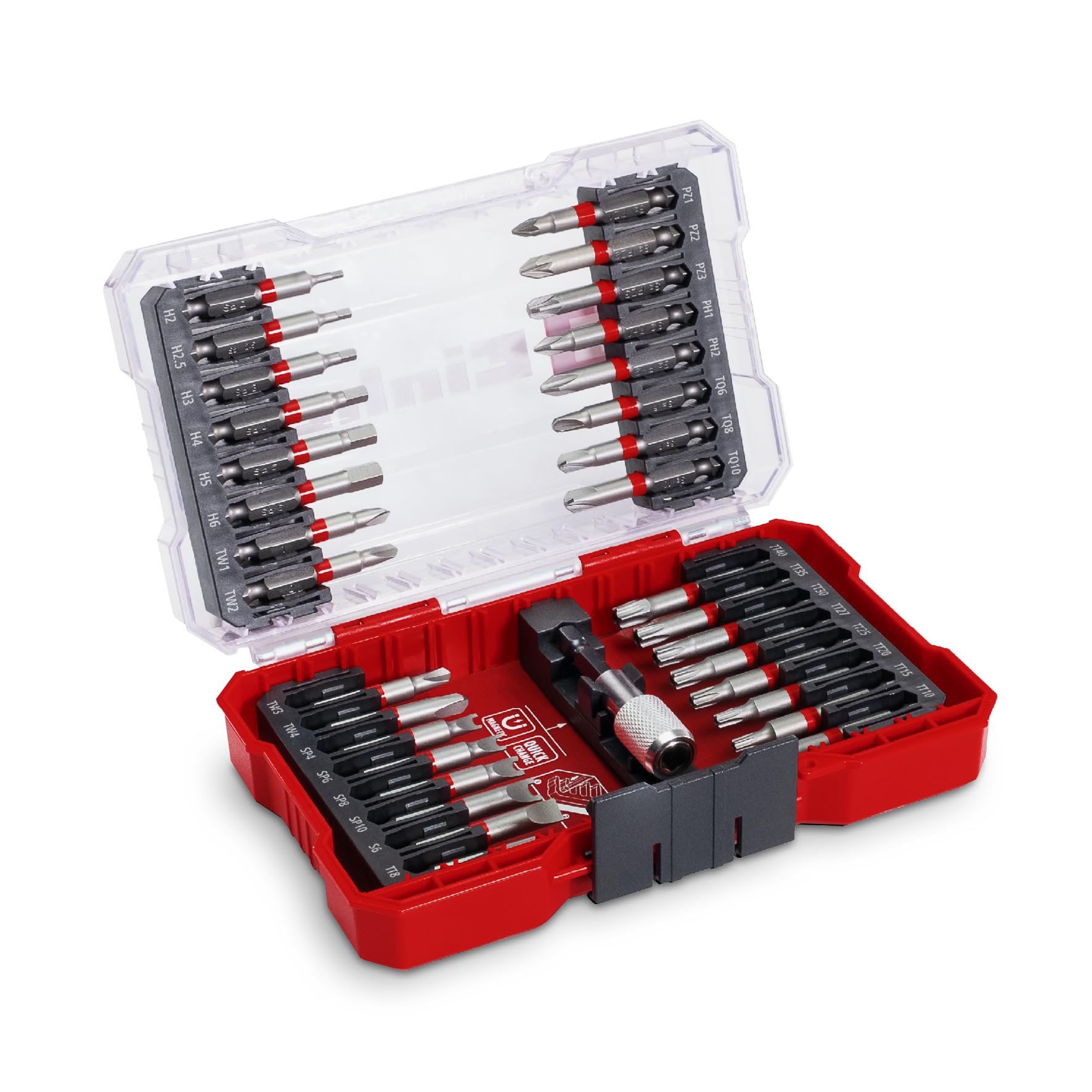 Original Einhell M-CASE de 33 piezas. Juego de puntas (para atornilladores a batería y taladradoras con puntas de 50 mm de acero S2, portapuntas de cambio rápido de acero al carbono incl.)
