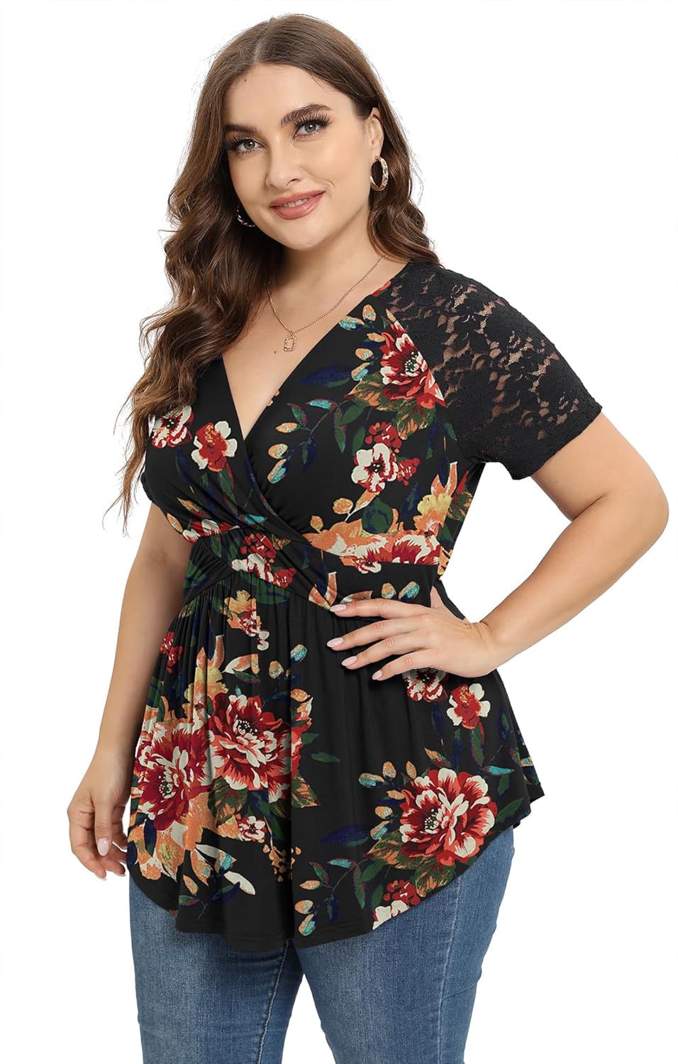 TIANZHU Women Plus Size Top Short Sleeve Wrap Lace Dressy Shirt Sexy Low Cut Babydoll Blouses - Image 2