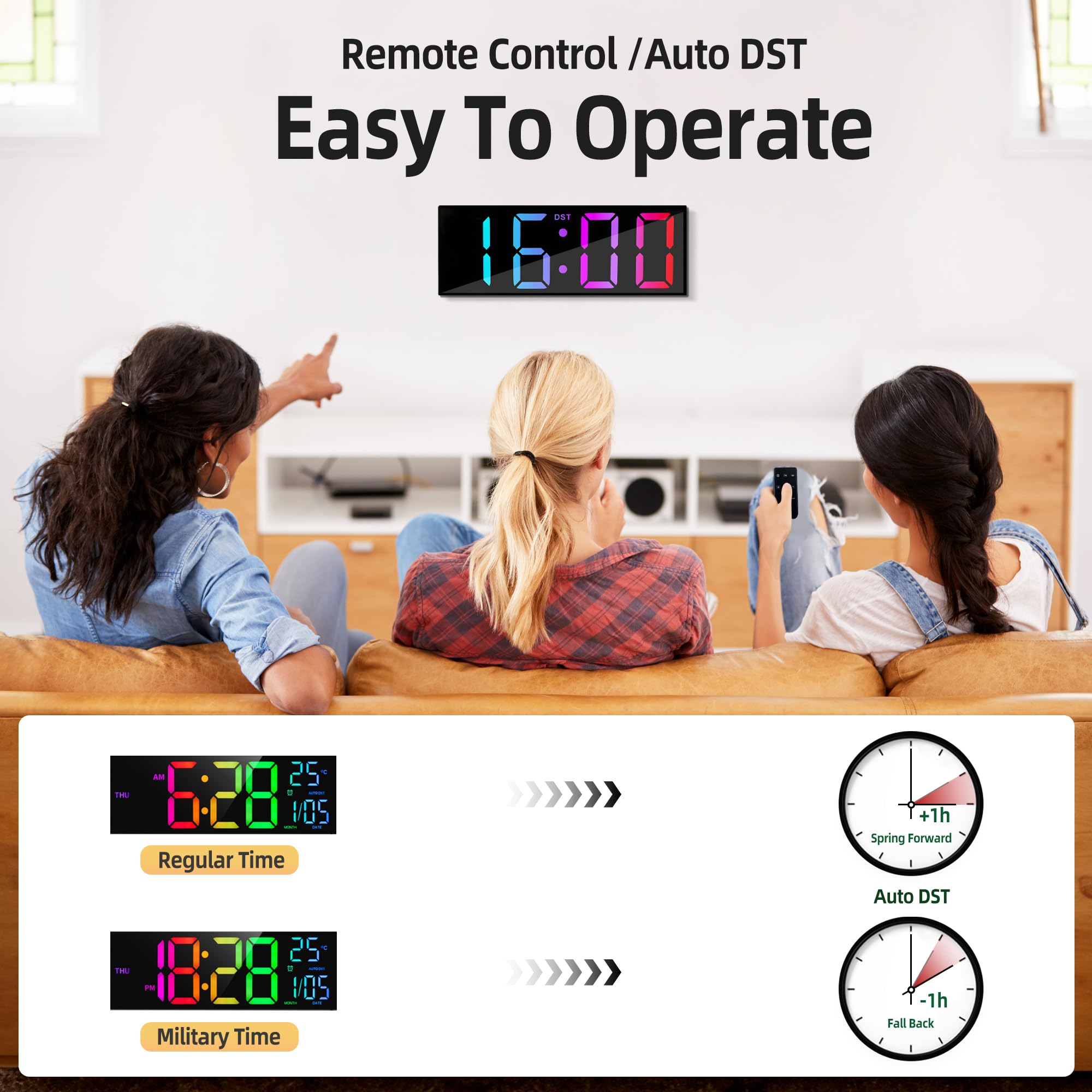 Maxstar 12'' Large Digital Wall Clock with Remote Control, Big LED Screen Display, 8 RGB Color, DST - Image 3