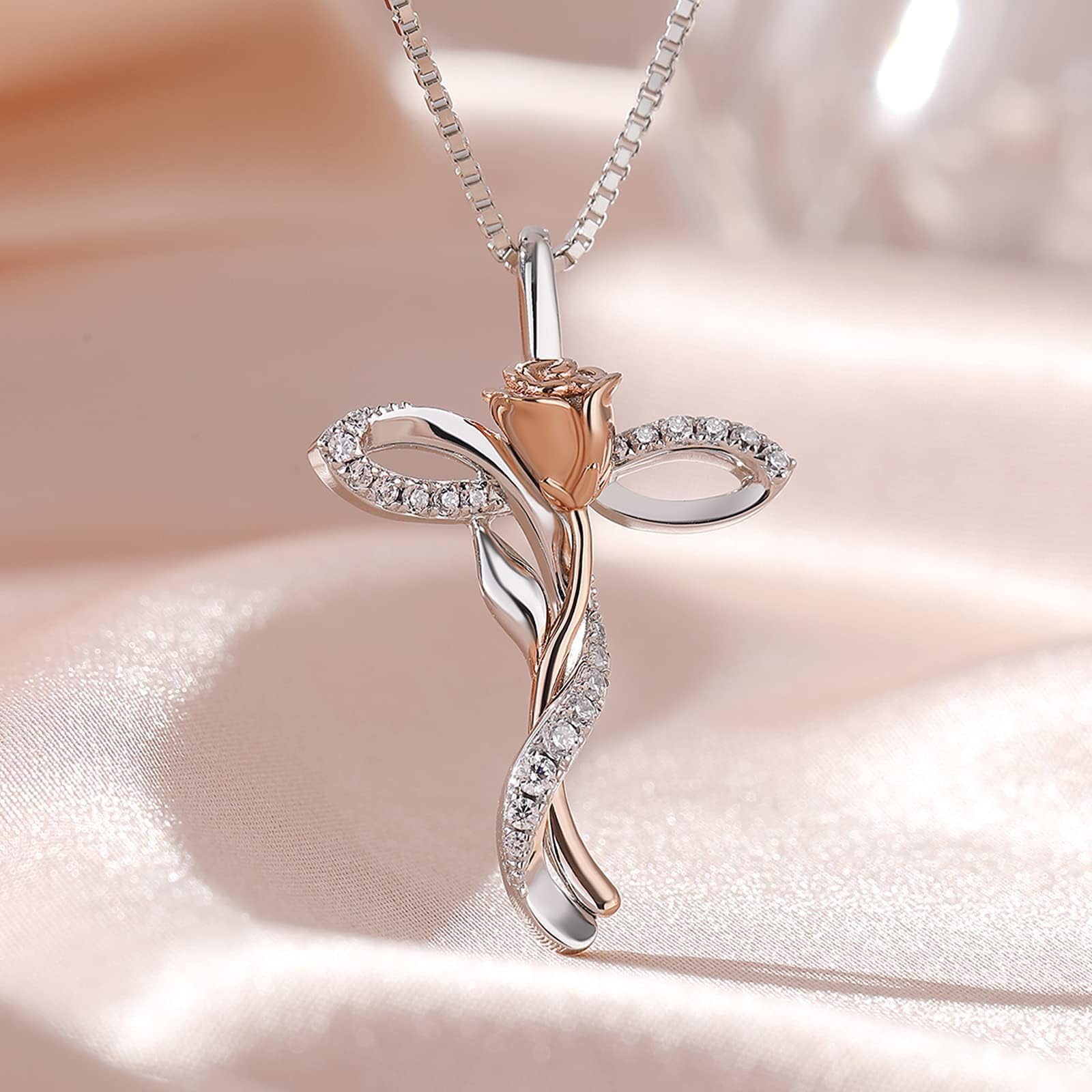Collana Croce Infinito Rosa 18K placcato in oro bianco per Donna in Argento Sterling 925 con Ciondolo Diamante Simulato, Gioiello Elegante per Donne