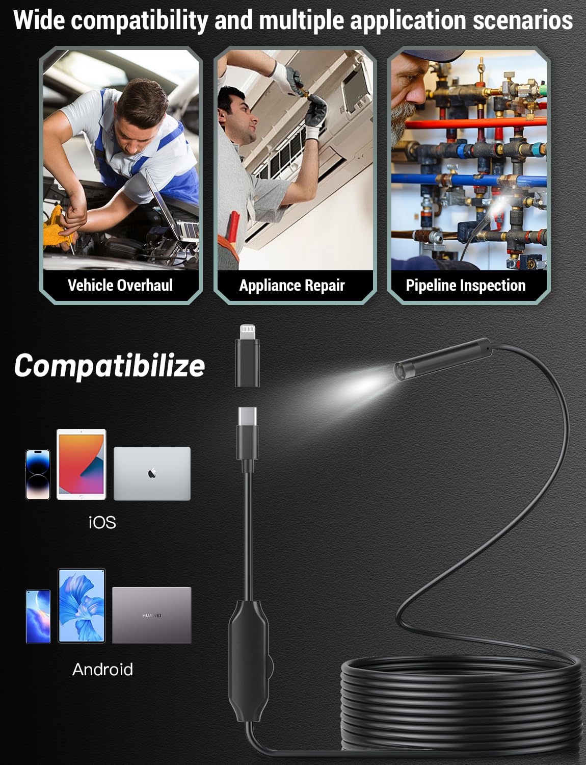 Endoscopio Telecamera 1920P HD con Luce a 8 LED, 5m con IP67 Impermeabile, per Ispezione - Compatibile con Android, iOS, iPad, Samsung