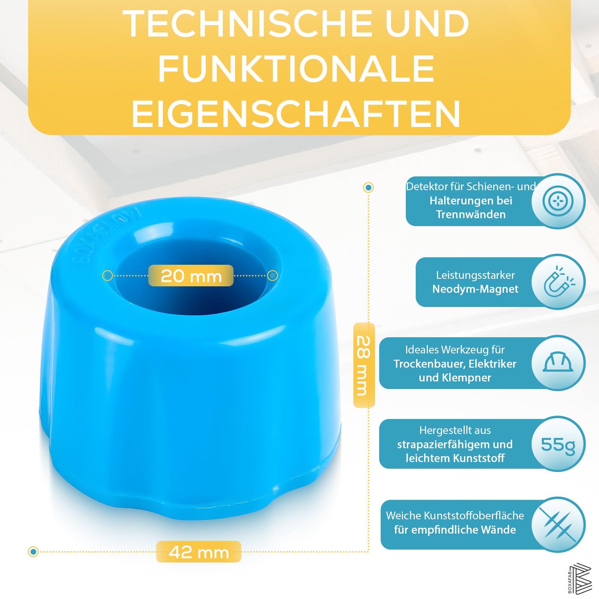 Leistungsstarker Neodym Magnet Schienendetektor für Gipskarton – Metalldetektor Magnet Trennwände, Ideales Trockenbau Werkzeug, auch für Elektriker und Installateure, Werkzeug für Schrauben und Dübel