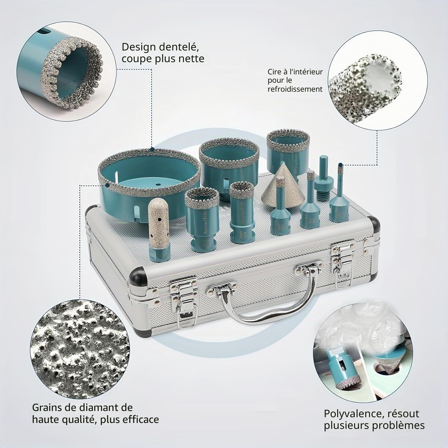 Foret diamant kit 11 pièces (6/8/10/25/35/50/68/110mm+ Mèche fraiser 20mm + Mèche chanfreiner 50mm + adaptateur queue hexagonale) - JeeynoTols trou pour carrelage avec filetage M14.