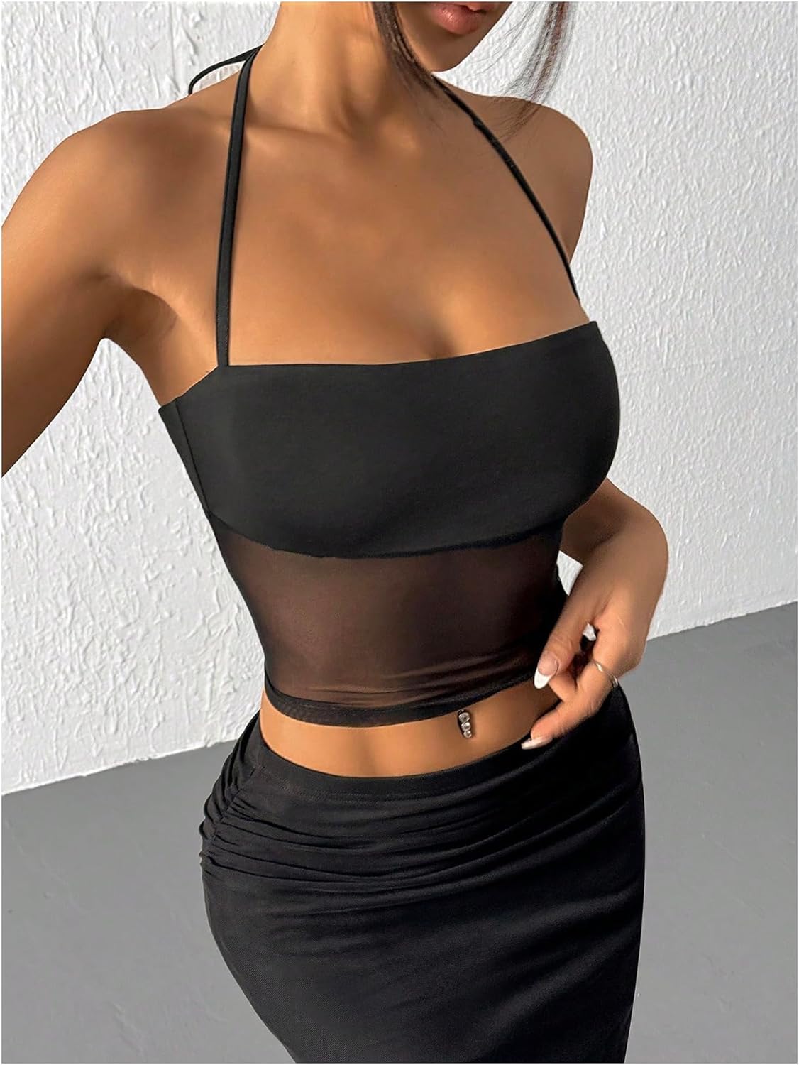 SOLY HUX Women's Mesh Halter Top Sleeveless Tie Backless Sheer Y2k Rave Party Crop Tops - Image 3