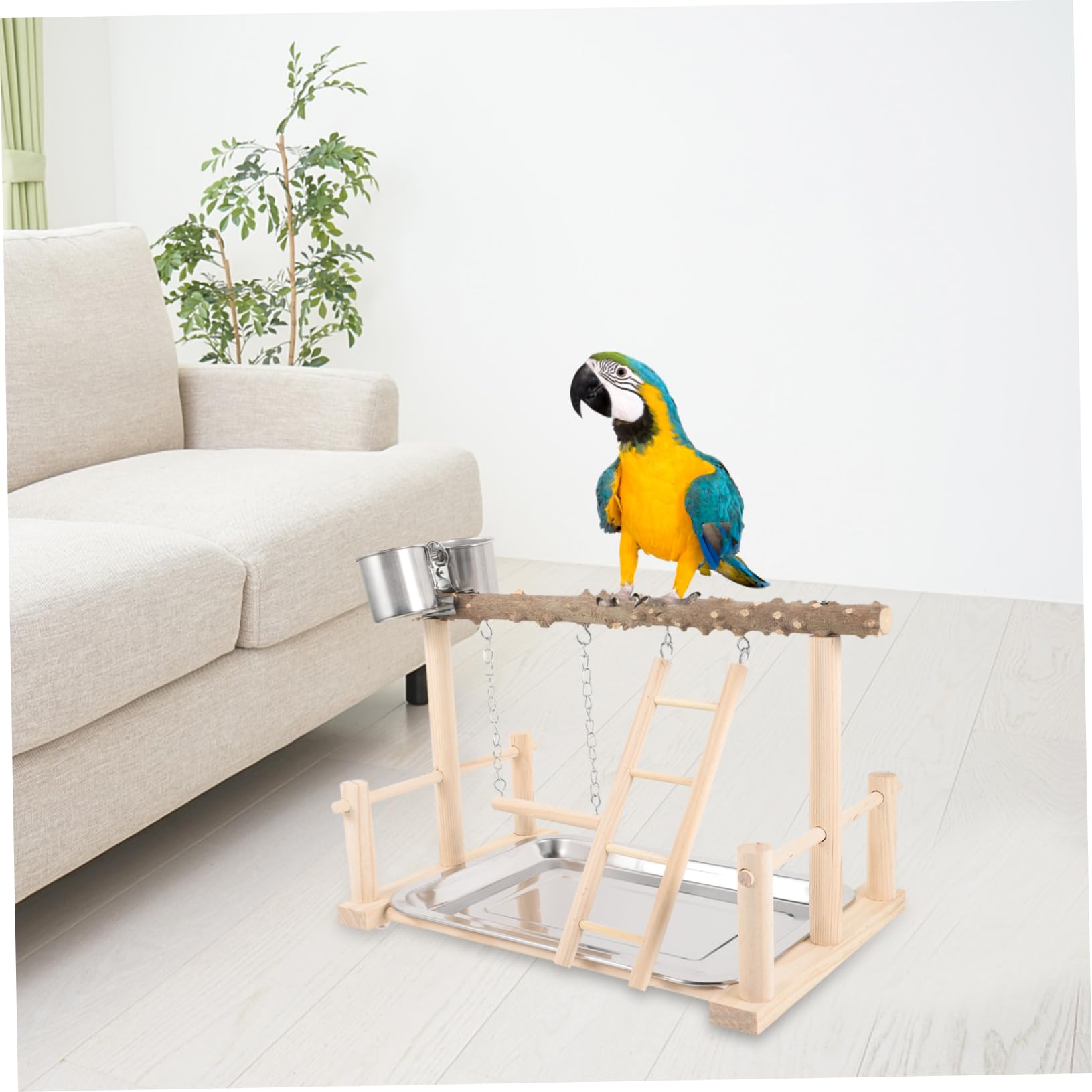 Papagei Barsch Stehen Holz Vogelständer mit Futterstation und Sitzstangen Naturholz Vogelspielplatz für Sittiche und Papageien Interaktive Vogelspielzeuge für Training und Bewegung