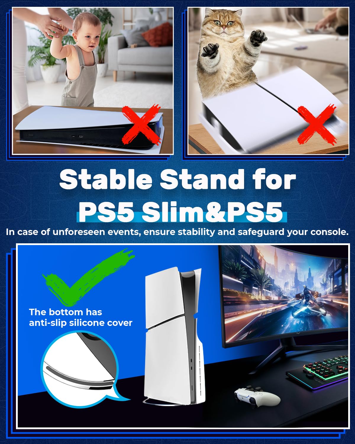 Vertikaler Standfuß für PS5 Slim Disc und Digital Edition, Videospiele Zubehör mit PS5 Ständer für Playstation 5 Pro Konsole Vertikal Standfuss | Stabiler Vertikaler Ständer für Play 5 Disc und Digital Edition Videospiele Zubehör, werkzeugfreie Installati