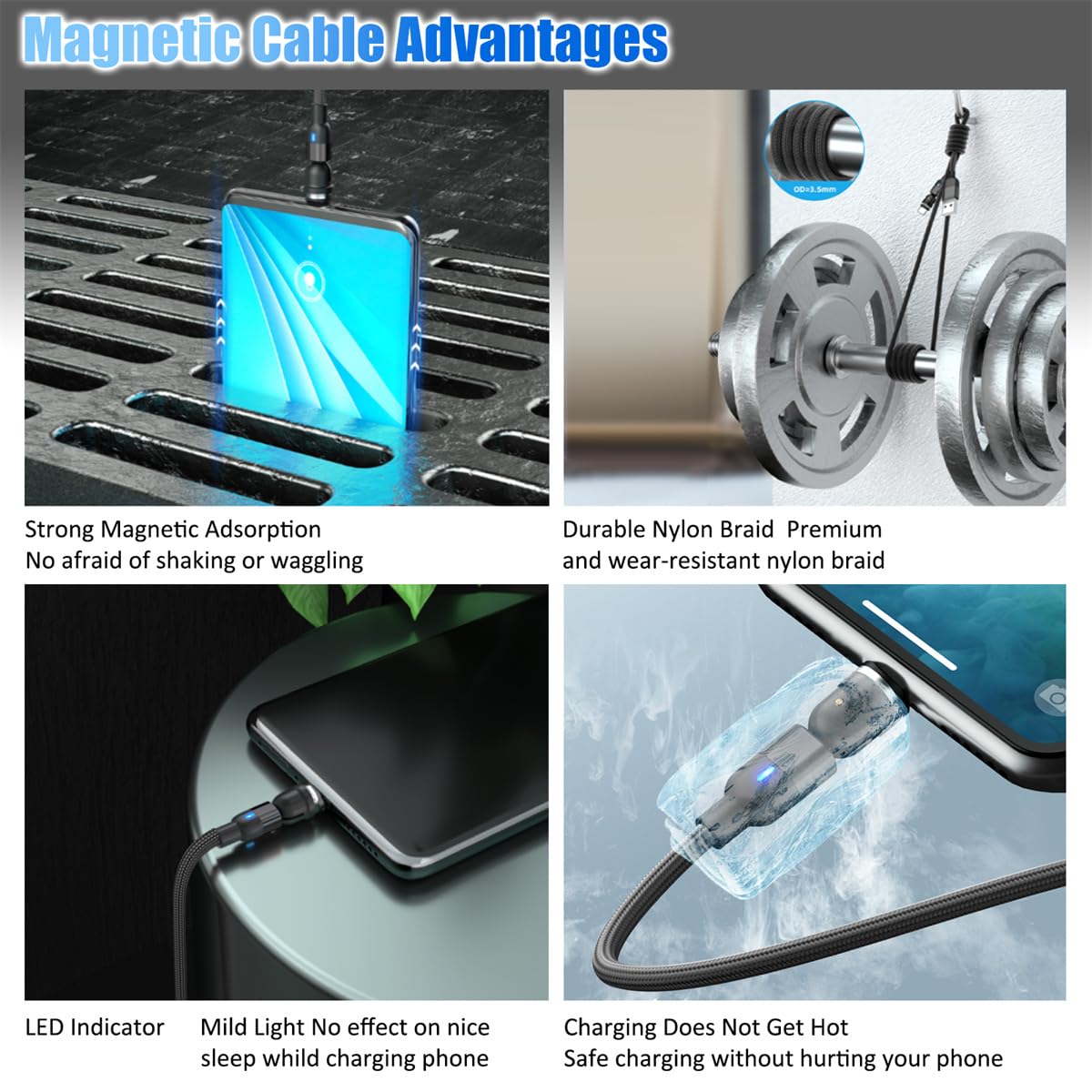 3-in-1 Magnetic Charging Cable Set - 3.3ft & 6.6ft Lengths With Type C, Micro USB, Lightning Tips