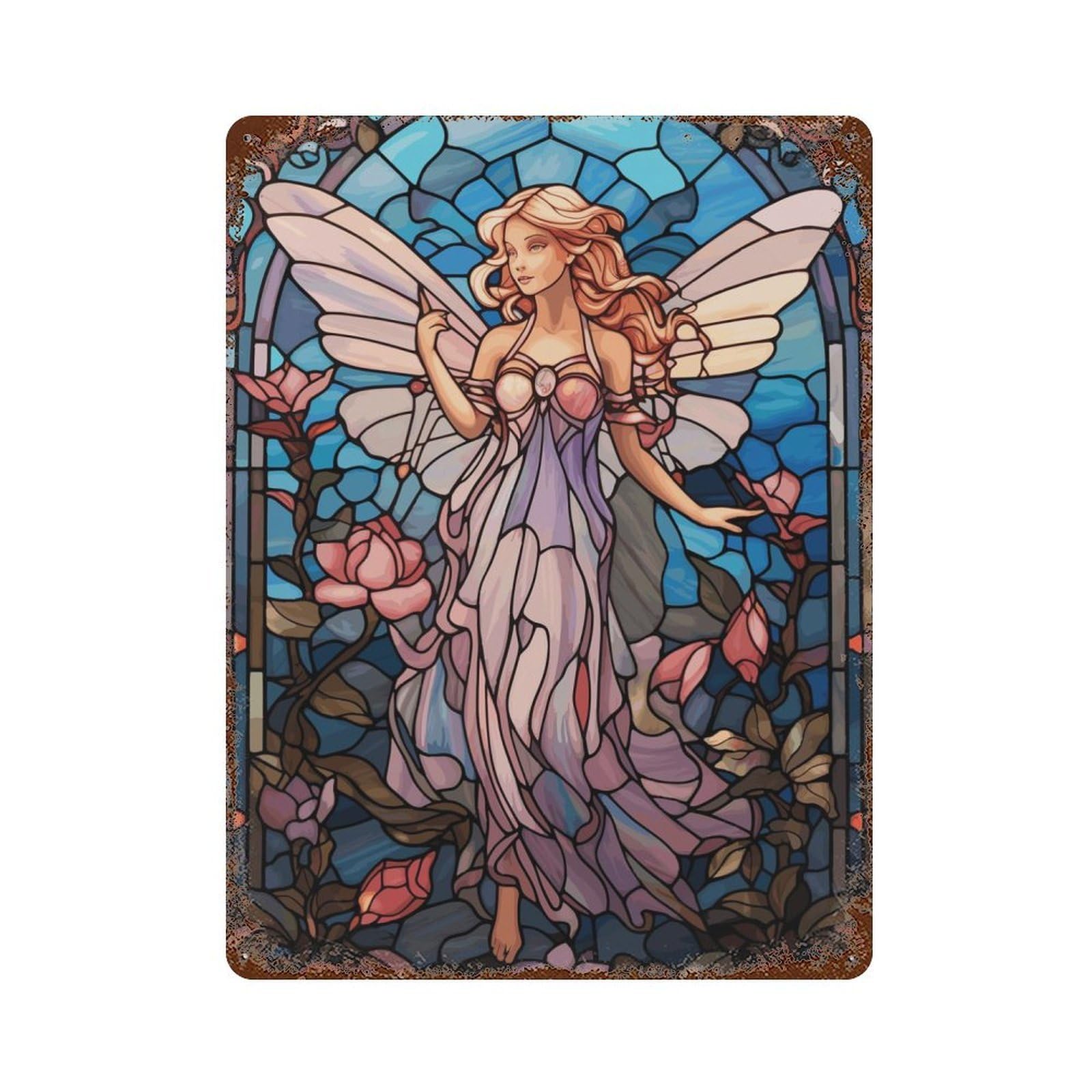 Fairy Stained Glass Rustic Tin Plaque 15.7"x11.8", for Shed, Workshop And Garage Wall Decor, Rustic Home Decor