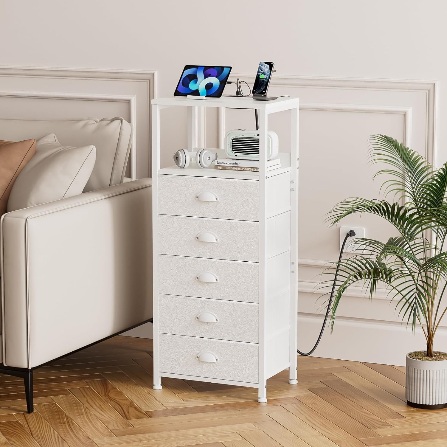5 Drawers Dresser with Charging Station & Voice-Controlled LED Light, Tall Night Stand with PVC & Fabric Drawers, Bedside Table with Open Shelf for Bedroom, Closet, Entryway, 3 Lighting Modes