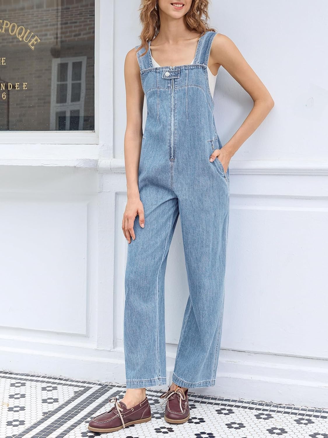 Cicy Bell Womens Casual Denim Bib Overalls Wide Leg Sleeveless Zipper Loose Jean Pants Jumpsuits with Pockets - Image 3