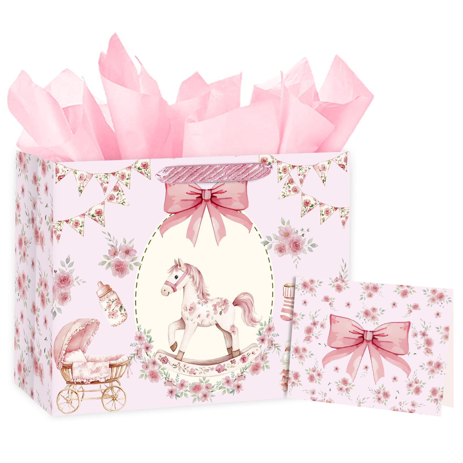 Loveinside 13" Large Baby Girl Gift Bag with Tissue Paper & Greeting Card, Pink Floral Rocking Horse Design for Baby Shower, Newborn Girl, First Birthday and Baby Celebrations, 13" x 5" x 10", 1 Pc