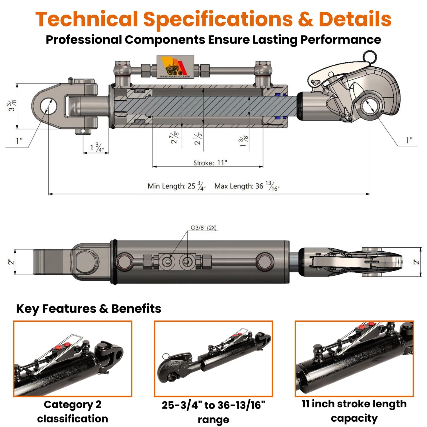 Hydraulischer Oberlenker Kat 2 (655-935 mm) mit Kugelgelenk, Fanghaken und Sperrblock