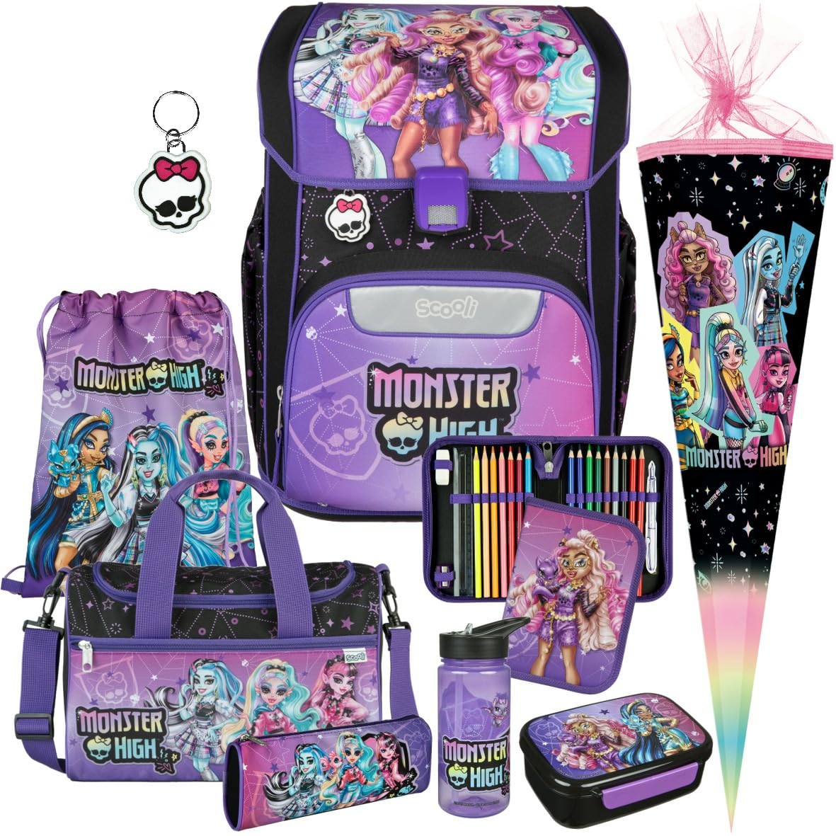 Scooli Schulranzen 1.Klasse Mädchen EasyStart Schulranzen-Set geeignet für Monster High-Fans (9tlg. mit Sporttasche, Brotdose, Trinkflasche, passend Schultüte)