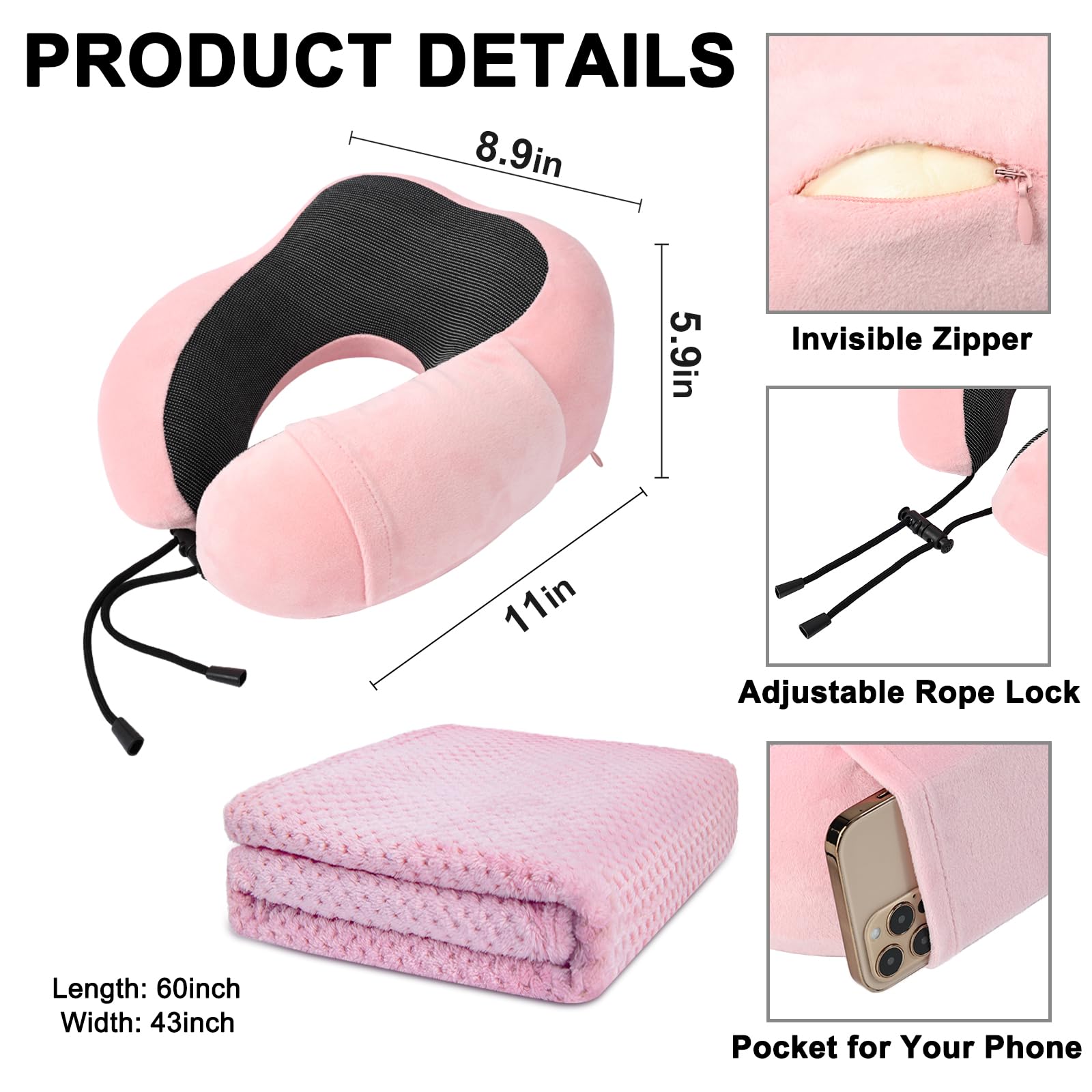 urnexttour Juego de almohada y manta de viaje, almohadas para el cuello, mantas suaves con máscara para dormir, esenciales de viaje para avión, coche, espuma viscoelástica, color rosa