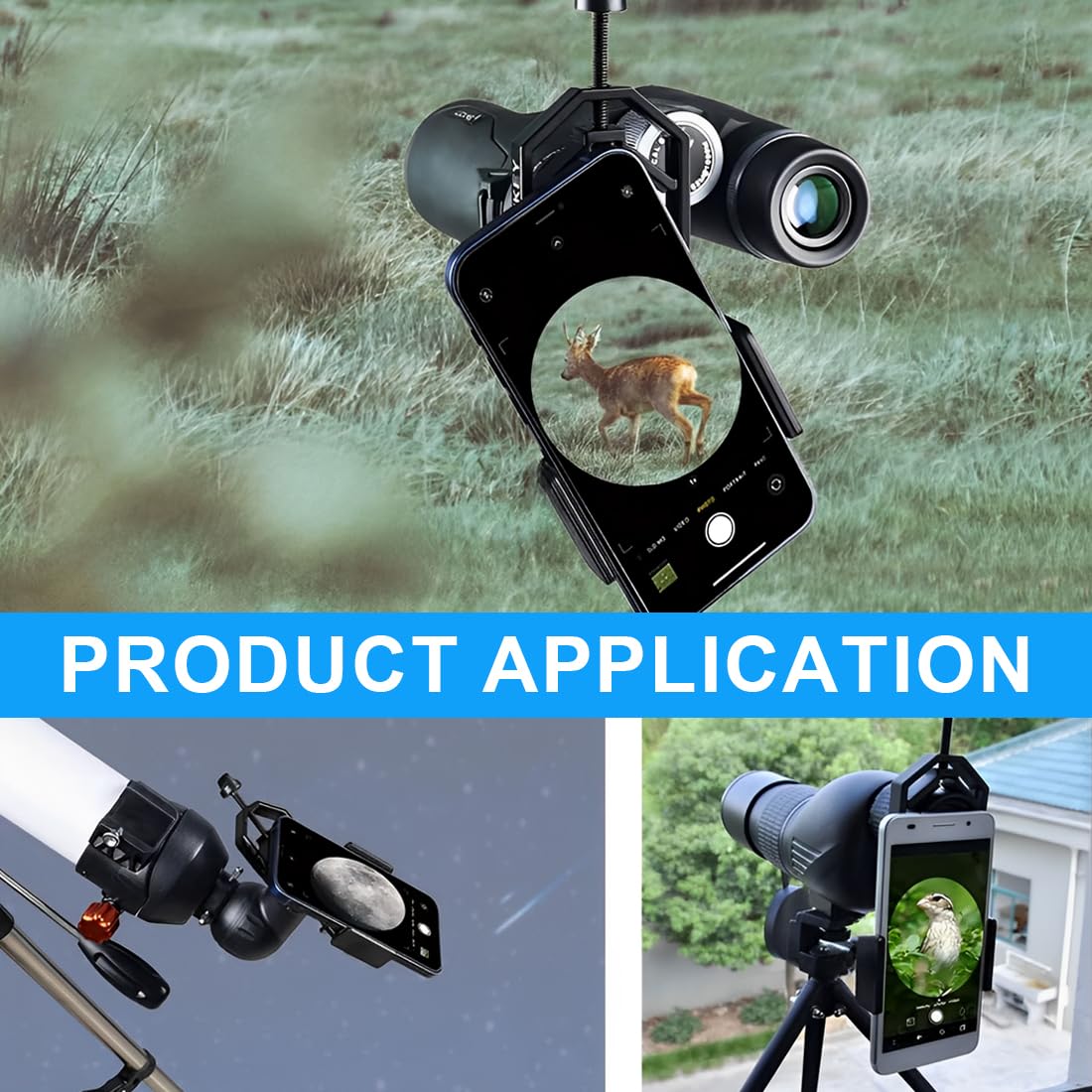 Smartphone Adaptateur Universel Digiscoping Adapter Rotatif 360° pour Jumelles, Monoculaire, Trépied, Microscope et Télescope Astronomique, pour iPhone, Samsung, Moto