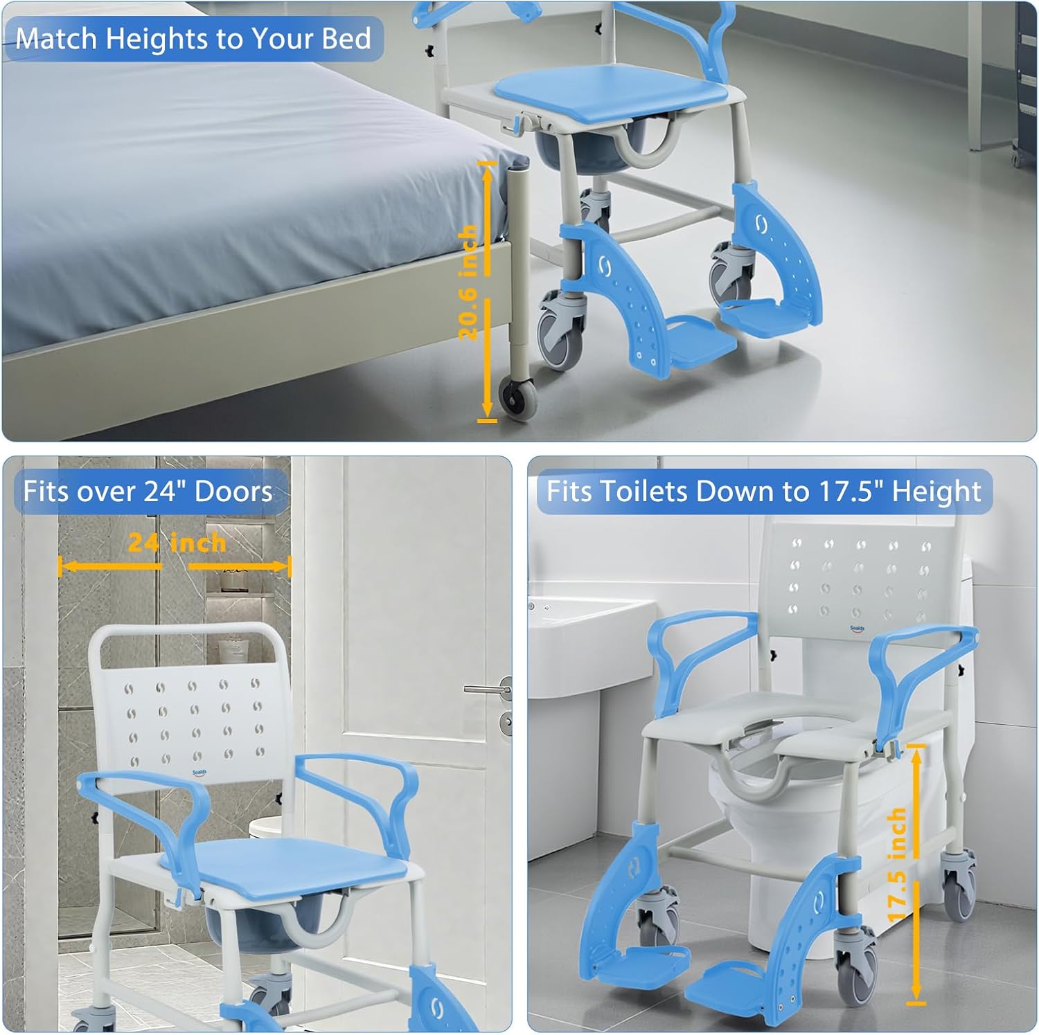 4-in-1 Shower Commode Chair with Wheels for Elderly & Disabled Adults, Padded Rolling Toilet Chair, Bedside Commode, Transport Wheelchair with Locking Caster for Bathroom, Home Care (Sky Blue)